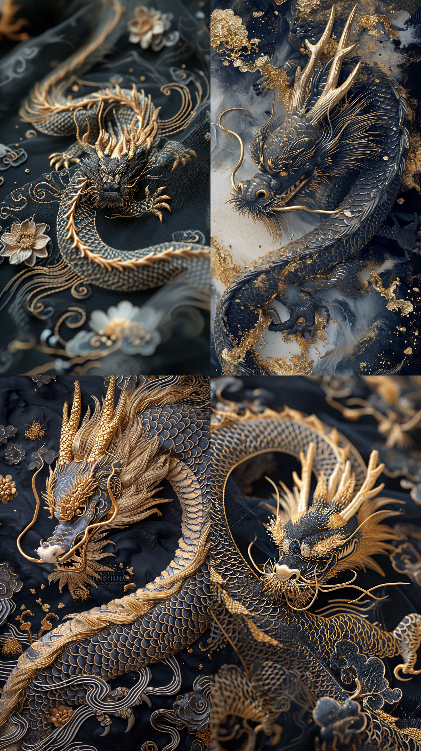 中国苏绣 一条黑龙 浅金和深黑的风格 金线夹丝 薄纱面料 精心设计 细致的细节 手绘细节 精湛的工艺 柔软 梦幻般的质量 多层 传统精华 有机材料 洛克艺术与设计 中国朋克 精致的现实主义 深金和深海蓝宝石 电影质感 前景模糊 c4d oc渲染 柔和照明 大广角