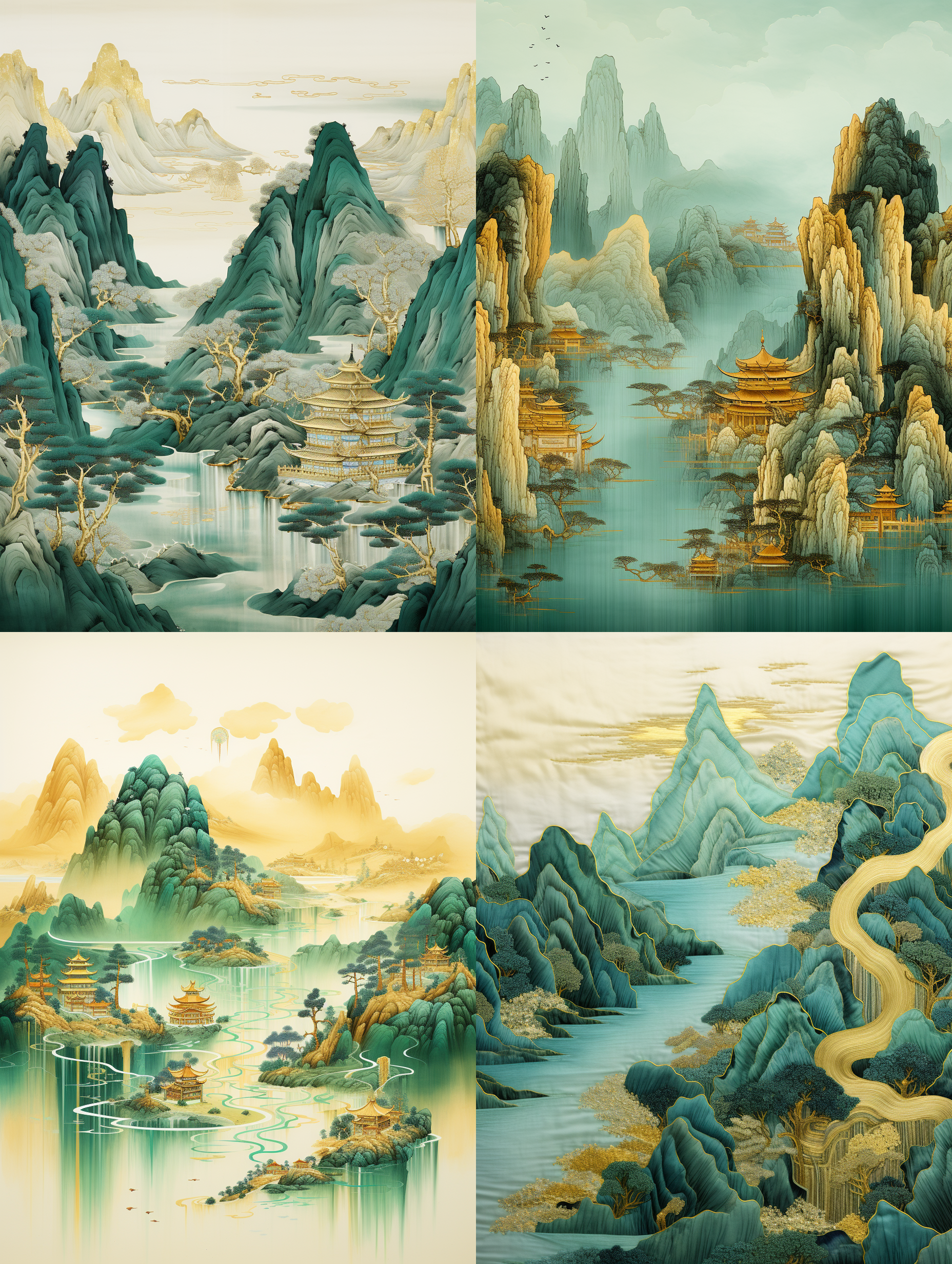 chinese embroidery craft of a golden-blue-green mountain with pavilions and trees, gilding, flowing liquid gold, minimalist color field, freehand brushwork, blank-leaving, organic form, simple background