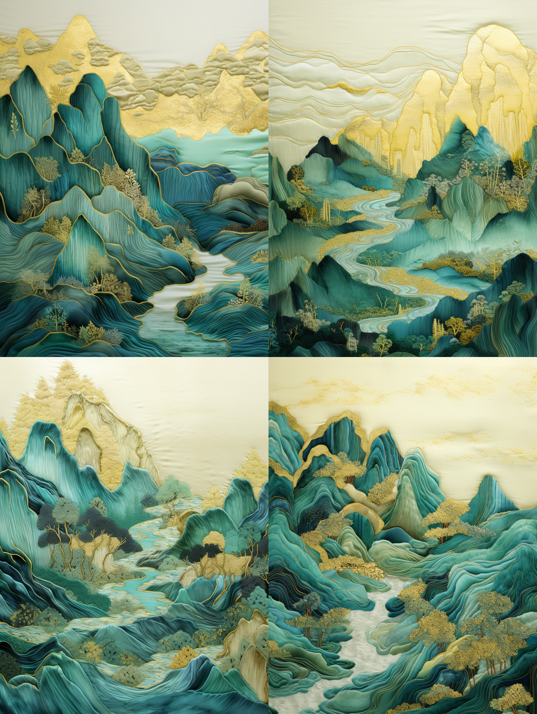 chinese embroidery craft of a golden-blue-green mountain with pavilions and trees, gilding, flowing liquid gold, minimalist color field, freehand brushwork, blank-leaving, organic form, simple background
