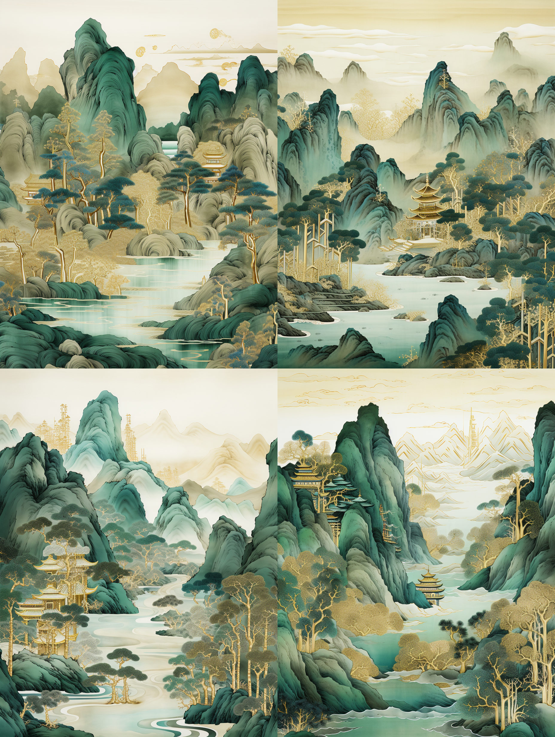 chinese embroidery craft of a golden-blue-green mountain with pavilions and trees, gilding, flowing liquid gold, minimalist color field, freehand brushwork, blank-leaving, organic form, simple background