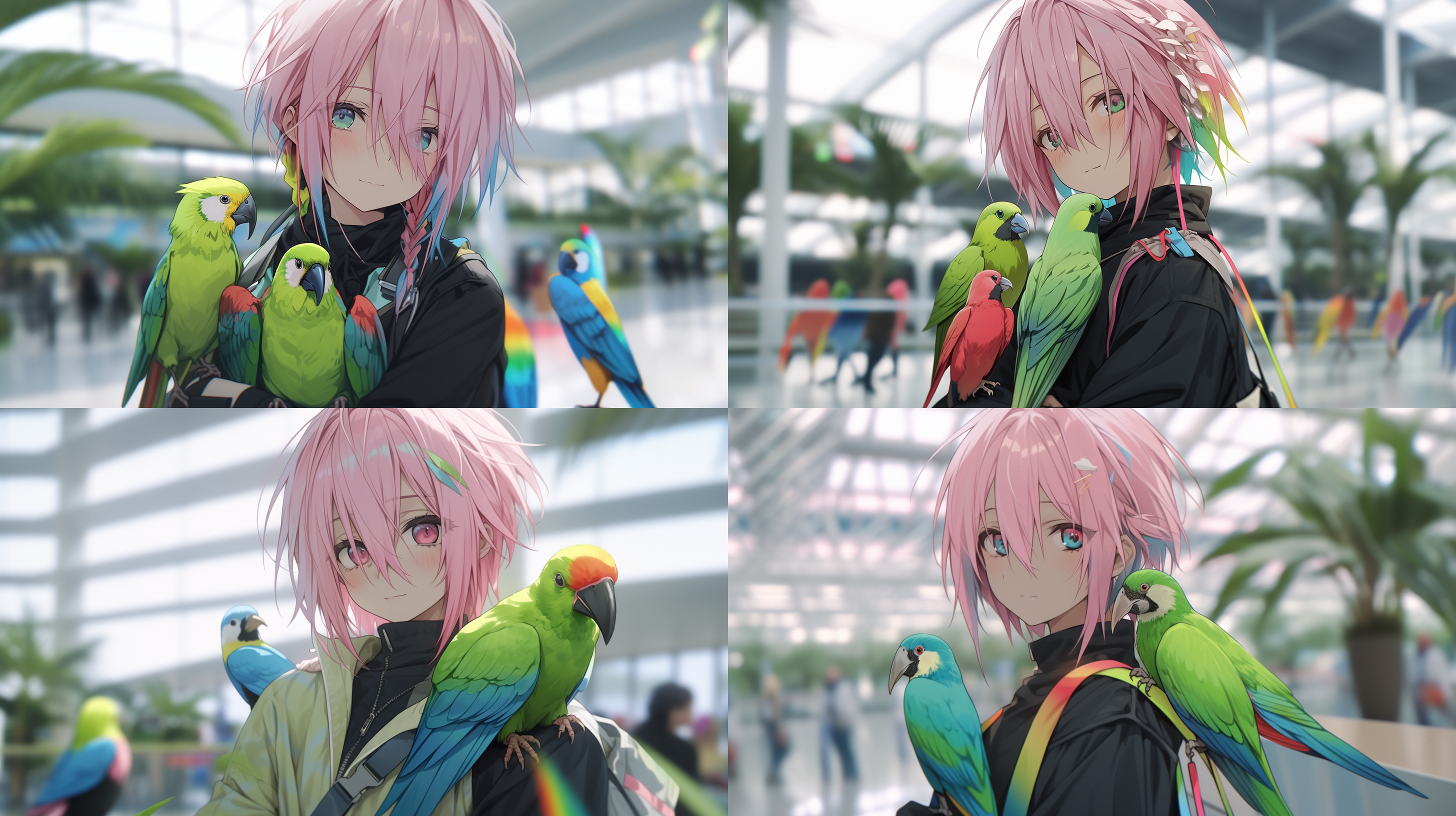 二次元女孩，柔和光线，抓拍风格，室内环境，色彩鲜艳，细节丰富，广角镜头，甜美微笑，与小动物互动，温馨快乐，自然肖像。