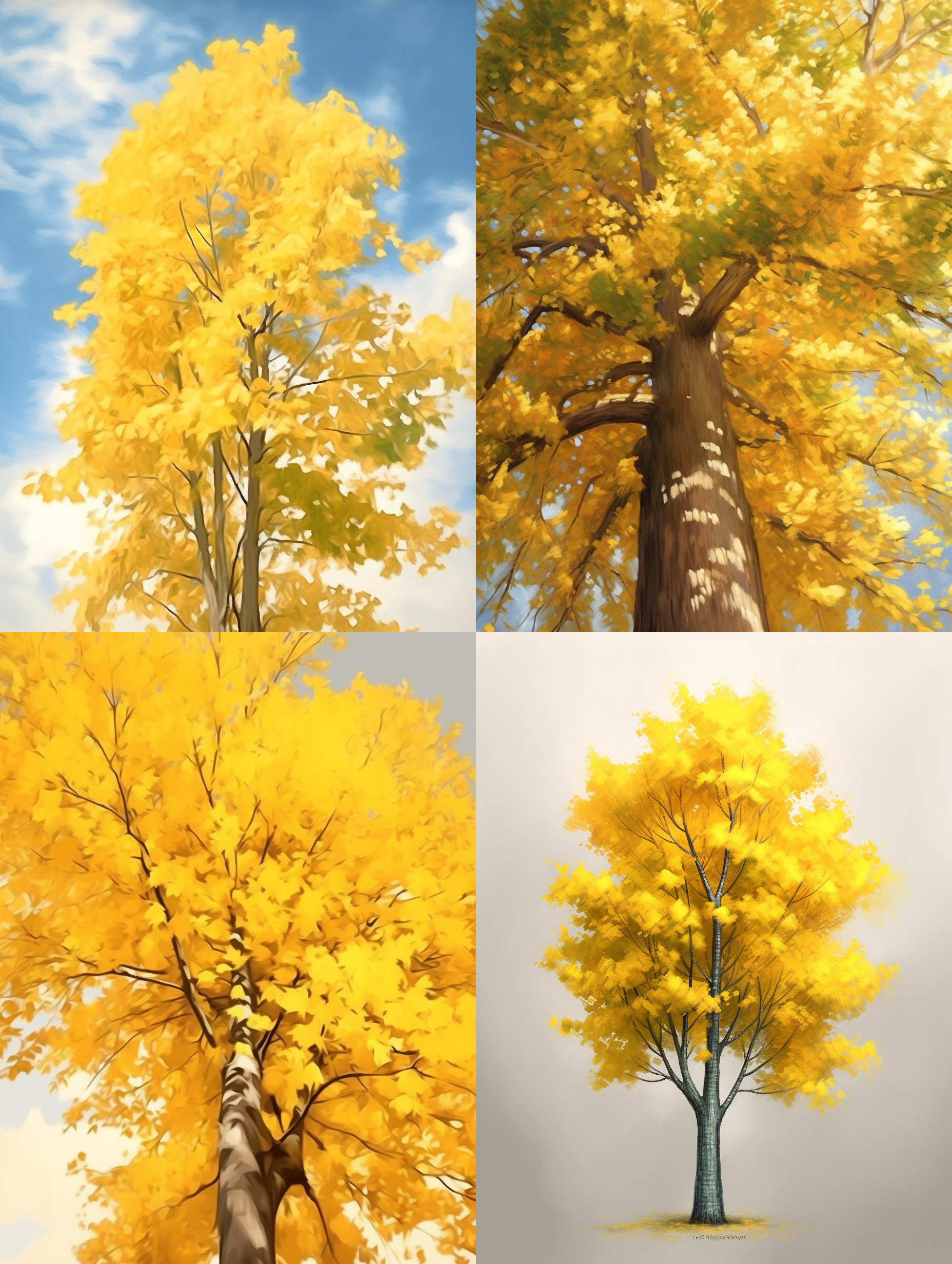 挺拔的银杏树，金黄色的树叶，细腻的工笔画风格，色调自然，秋天的气息，细节丰富，垂直构图，写实工笔画，长焦镜头，大场景，明亮光线，静态，宁静。