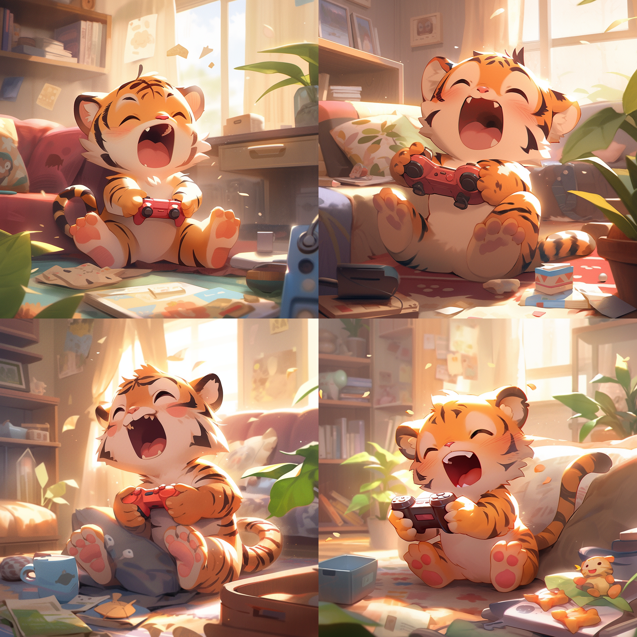 小老虎打游戏，中心构图，宽敞客厅，现代风格，高清晰度，明亮照明，手持相机，自然动作，色彩丰富，快门速度适中，开心放松。