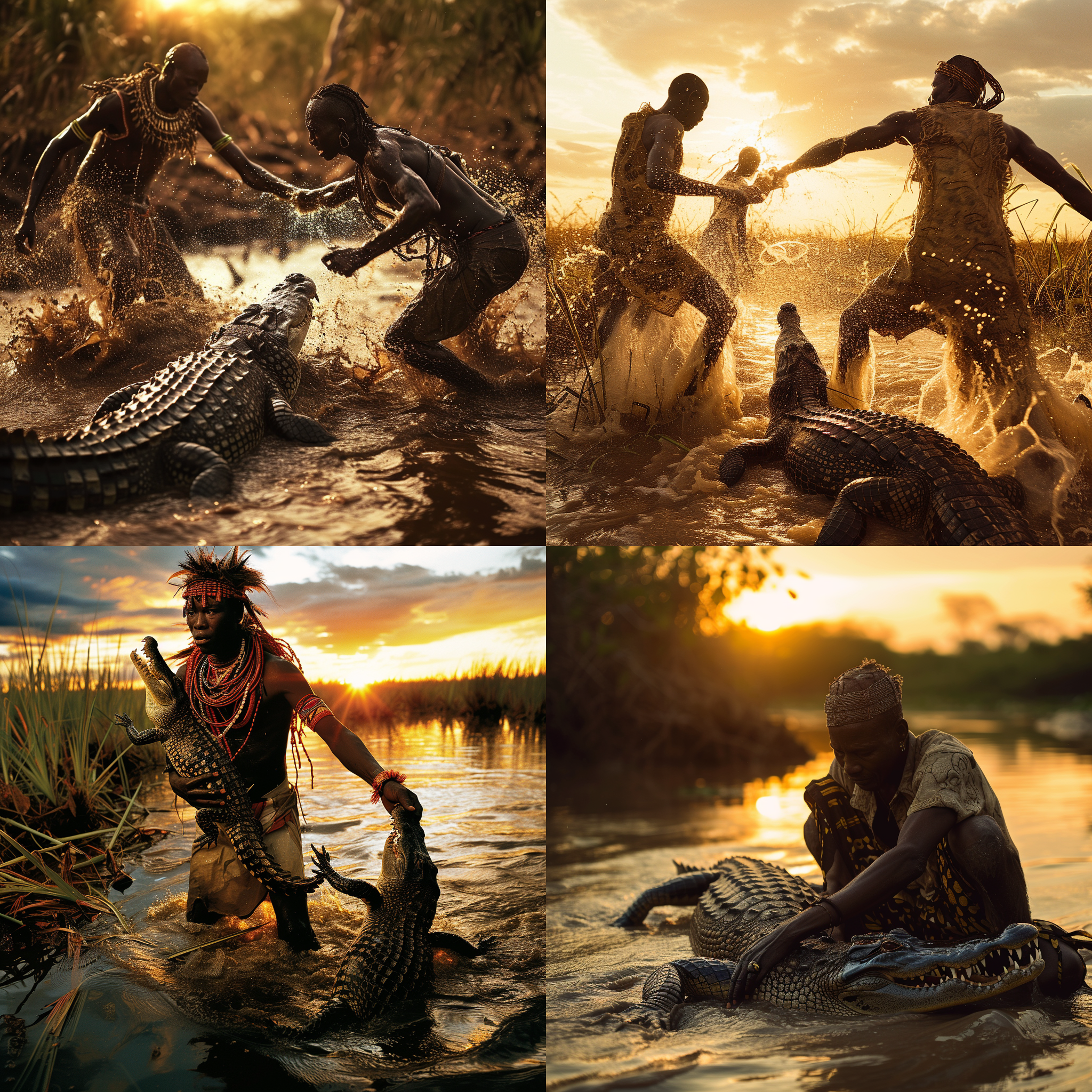 非洲土著抓捕鳄鱼，沼泽地环境，广角镜头，高速快门，对角线构图，强烈的动作和紧张感，暖色调，夕阳映照下的金黄色光线，土著身上的斑纹和面部表情展现出他们的野性与勇敢。