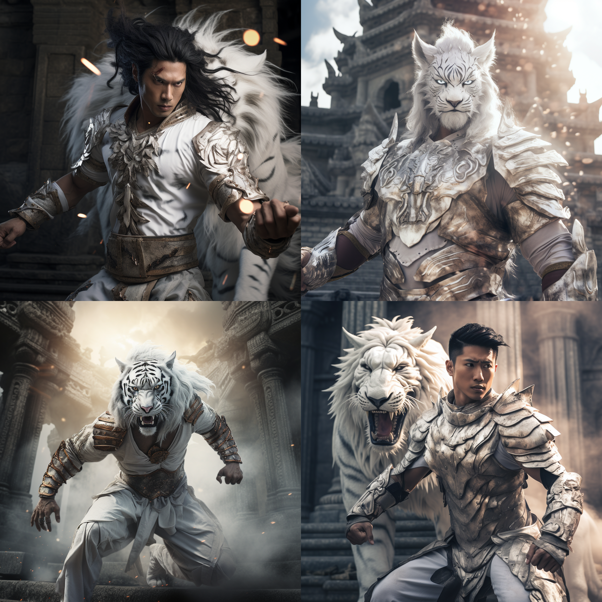 亚洲男，身穿白虎战甲，能量爆发，白虎之魂在身后若隐若现，古代城楼背景，长焦镜头，静态，冷色调，威严