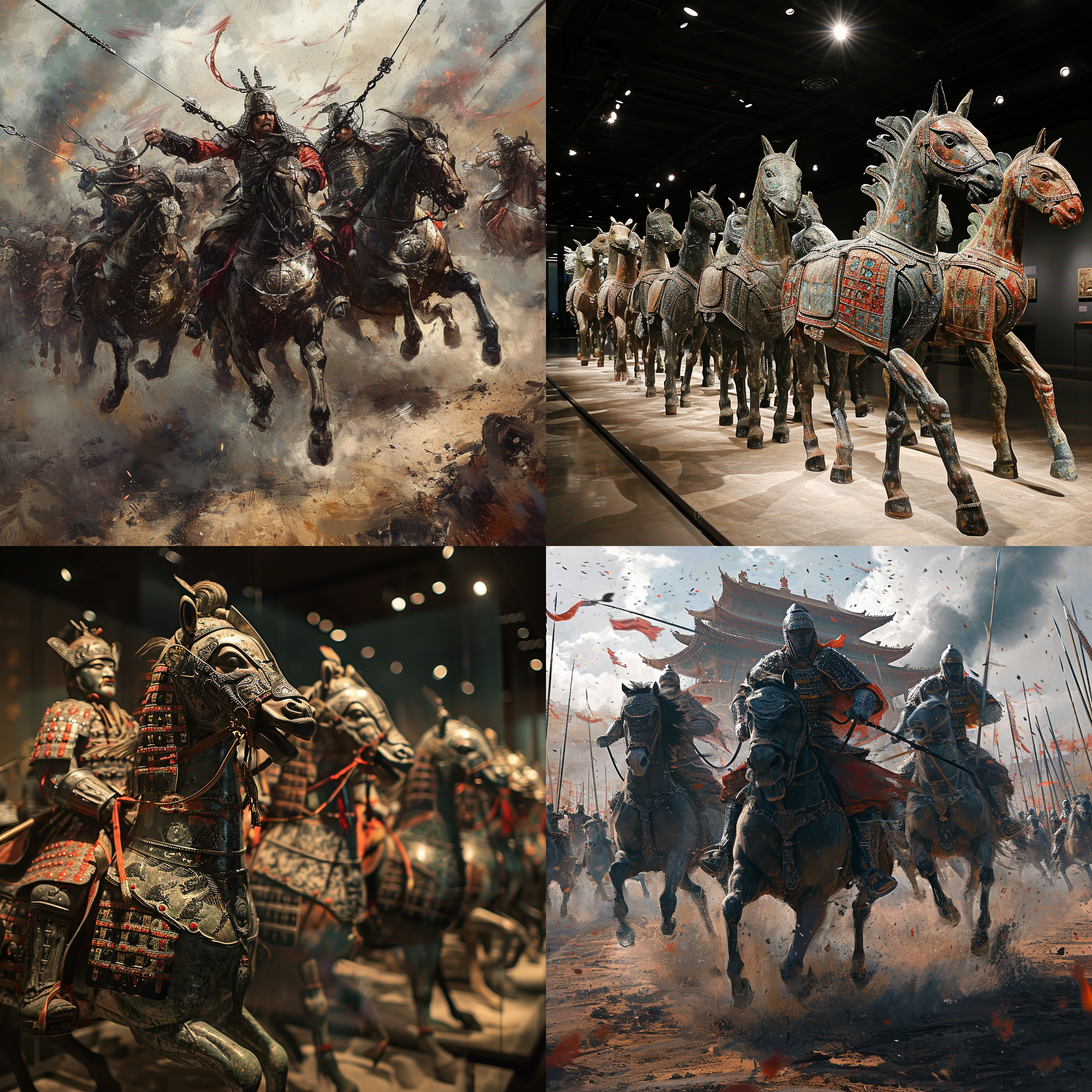 宋朝铁甲连环马，壮观战斗场景，庞大规模，透视构图，彩色风格，广角镜头，高光与阴影对比强烈，速度感，震撼人心。