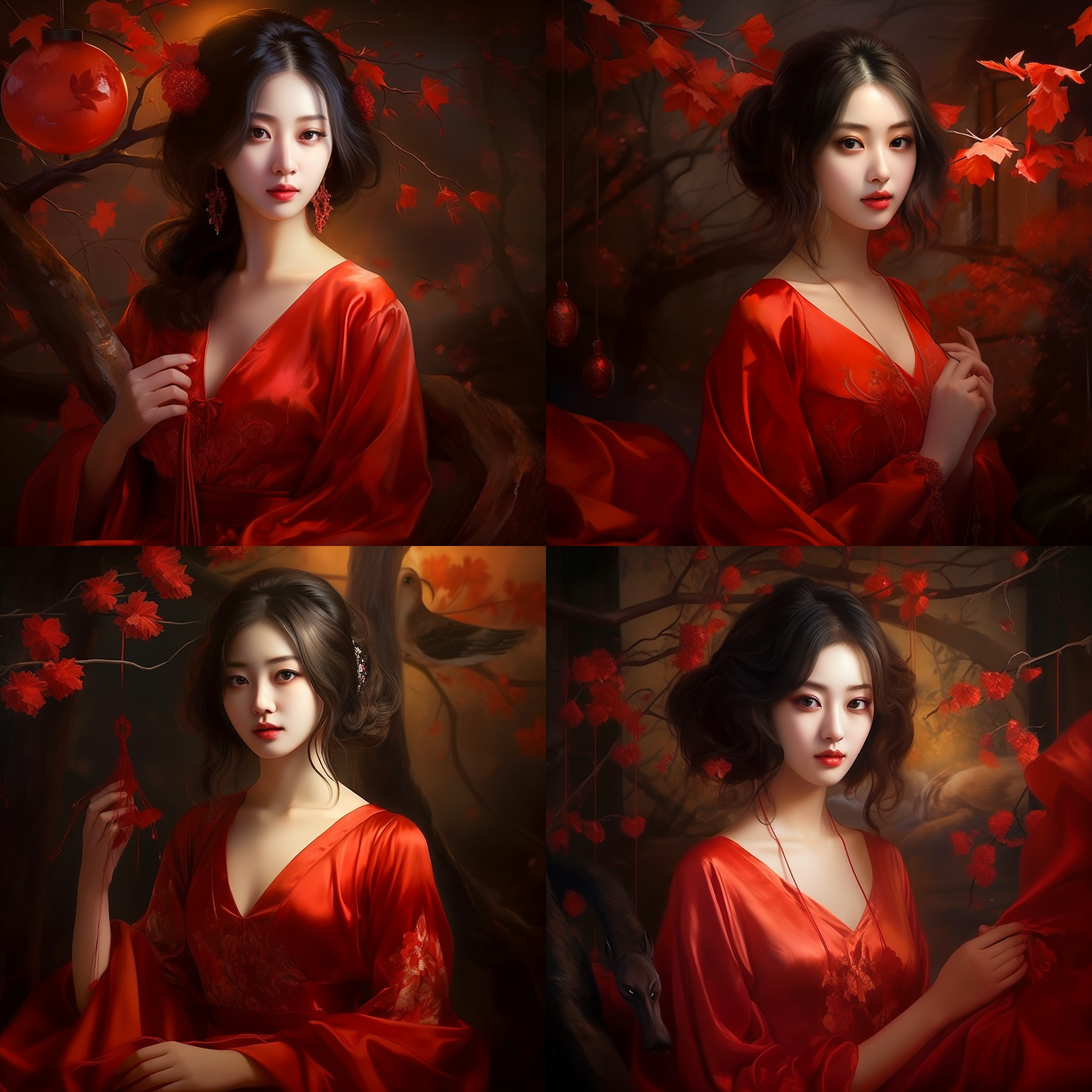 红裙美女，柳叶眉狐狸眼，樱桃小嘴，瓜子脸。油画风格，充满古典气息。头像构图，红色纱裙凸显主题。柔和光线，暖色调，突出女性魅力。