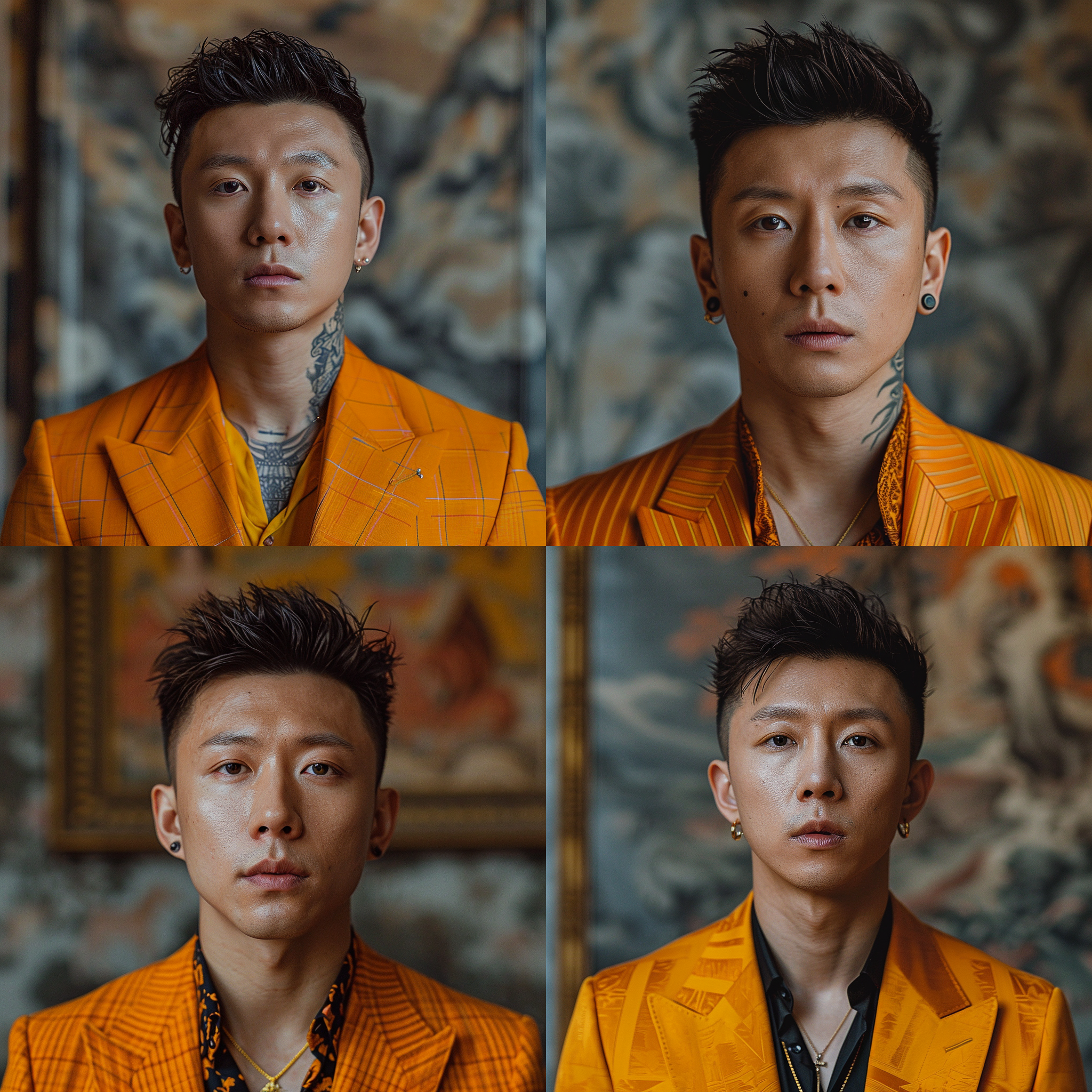 a beautiful husband,25-years-old,chinese,gradient grey background,front view,full body,long shot,portrait,symmetric,rembrandt lighting,ultra realistic