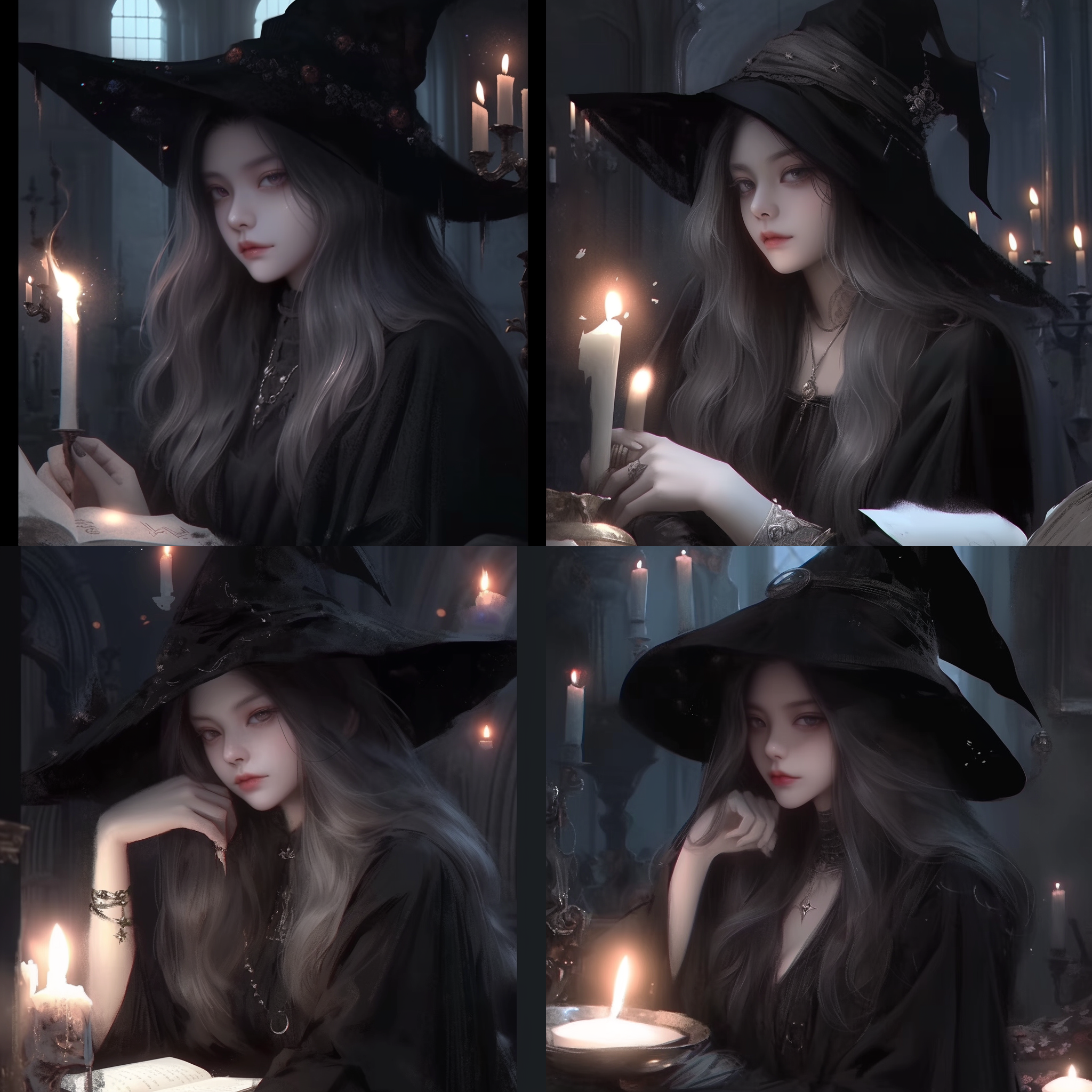 在古老的塔楼里，夜幕降临，女巫独立于烛光之下。她戴着尖尖的黑帽，眼神被阴影遮住。嘴唇轻启，低声念咒，手中拿着古旧书籍。优雅而神秘的身姿，飘动的长袍，在烛光下闪烁着深邃的紫色。她的指尖轻触书页，唤起奇妙的符文和魔法。幽暗的房间里，她是魔法的守护者，传承古老的秘密，继续书写她的传奇故事。过曝，高亮度，珠光色泽，金白银，纱质乳胶，伸展动作，暗色背景，圣洁电影般的边缘光，柔化焦点，浅景深，明暗对比，8k超高清，最佳画质，超细节。