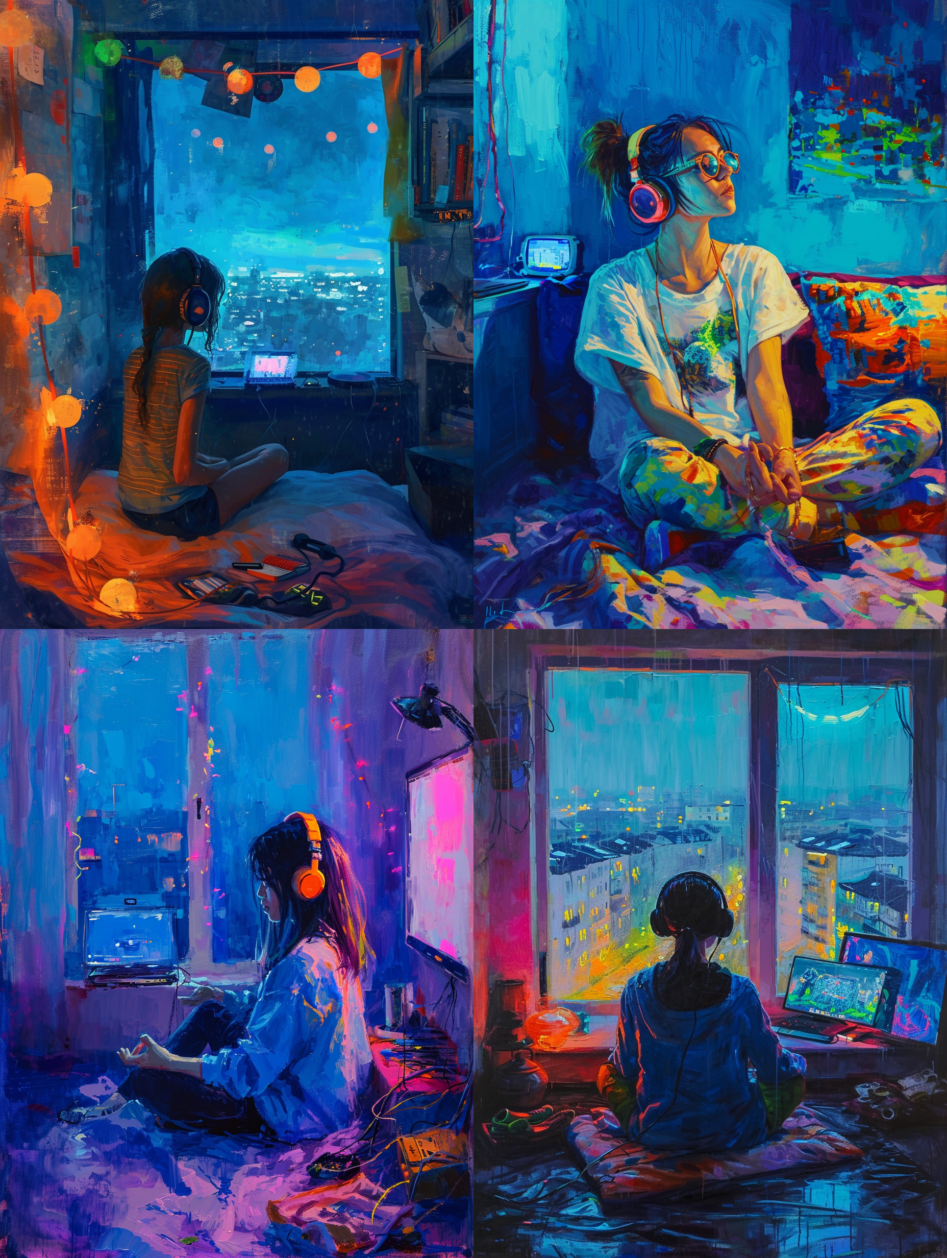 fine art, oil painting, amazing sky, . european hippie girl meditating in her room, dreaming, wear headphones, night lights, neon landscape on a rainy day, analog color theme, lo-fi hip hop , retrospective, flat, 2.5d, 1girl