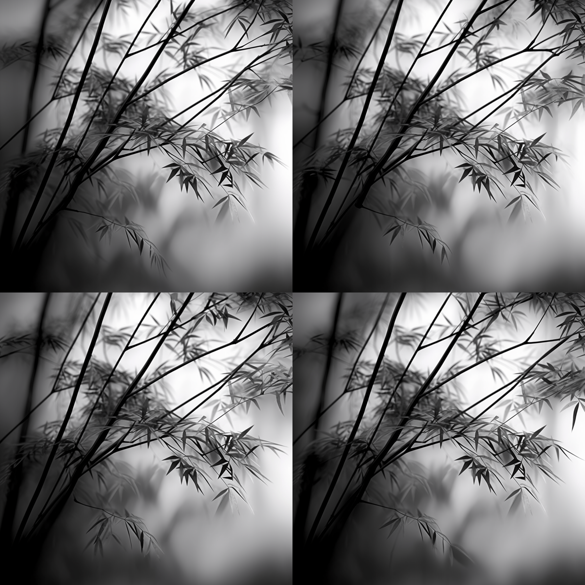 竹子，枝干挺拔遒劲，墨虽淡却筋节有力。竹叶秃笔横扫，依风势倾斜。风雨来临，夸张地几呈平行之势，有力地表现了疾风狂吹的情形。黑白摄影，高对比度，竖直构图，长焦镜头，自然光线，摇曳的竹叶，动态，力量，风暴。