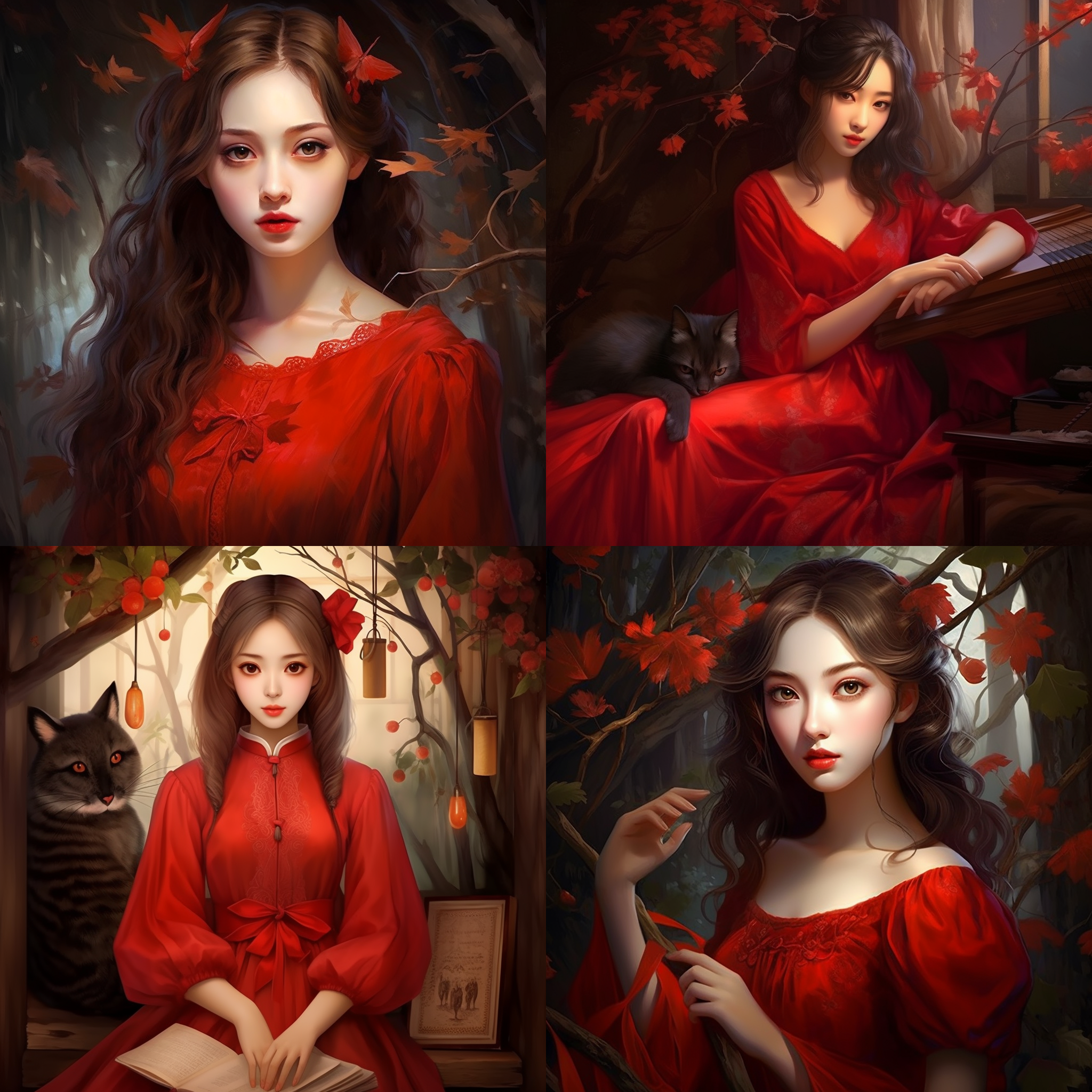 红裙美女，柳叶眉狐狸眼，樱桃小嘴，瓜子脸。油画风格，充满古典气息。头像构图，红色纱裙凸显主题。柔和光线，暖色调，突出女性魅力。