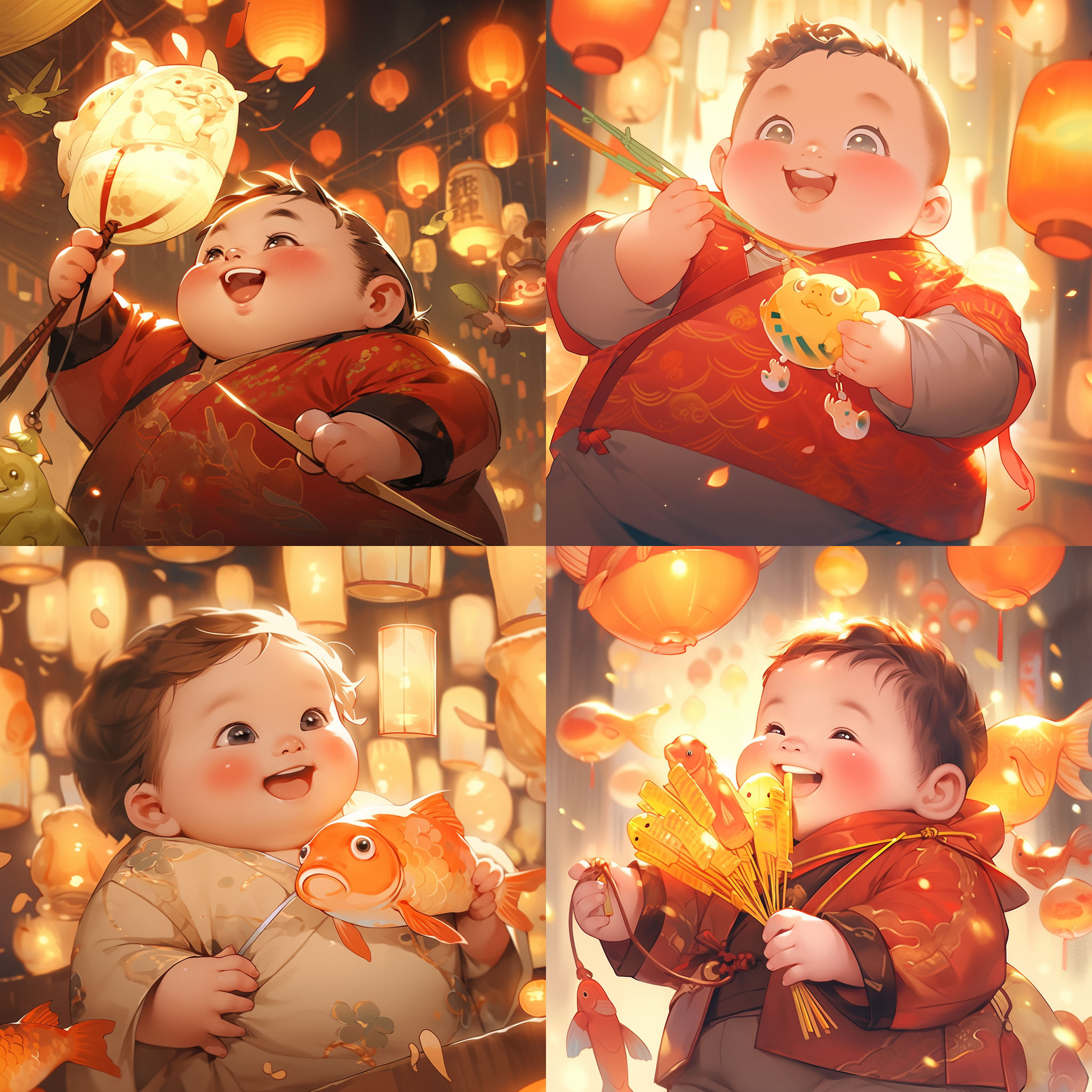两岁胖乎乎抱着一条锦鲤男宝卡通形象，欢快表情，穿黄色汉服，新年灯笼炮竹背景， 卡通风格，明亮色彩，近景特写，室内拍摄，柔光照明，笑脸，温暖氛围，幸福情感。