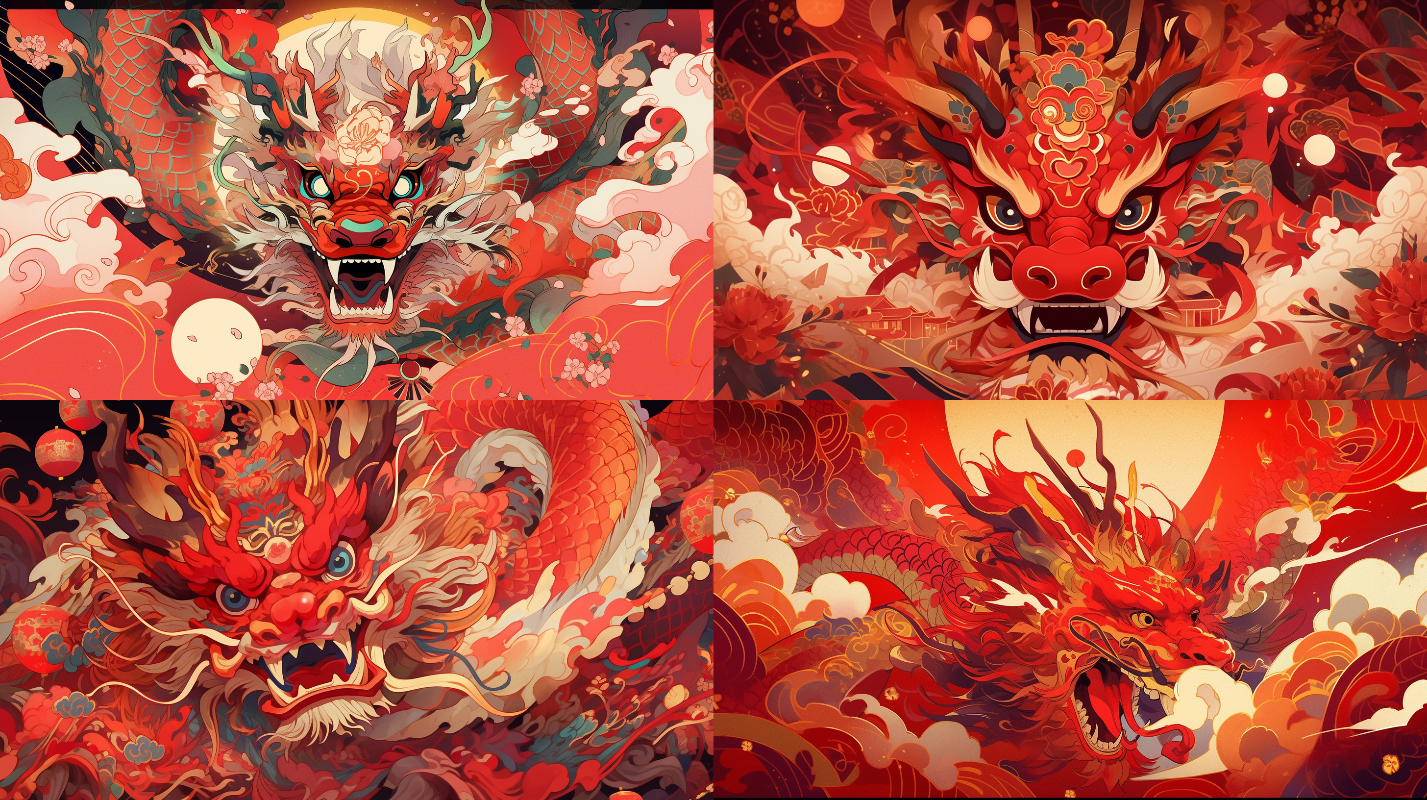 中国龙，红色背景，传统元素装饰，宽广的构图，明亮而柔和的光线，细节丰富，眼神友善，龙的爪子摆出v型，喜庆的颜色，欢乐的氛围