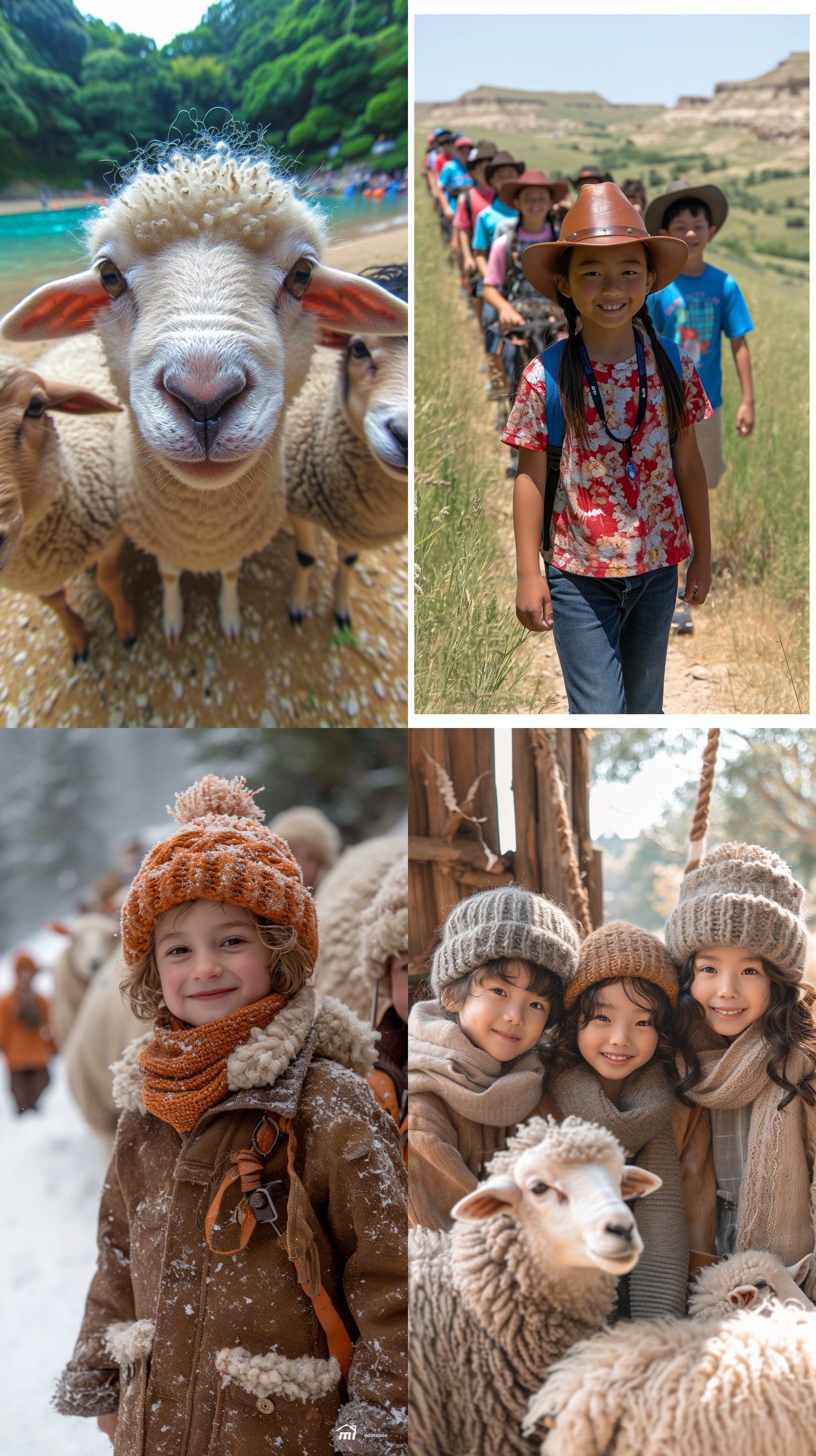 牧场上，一群快乐的中国孩子与绵羊一起玩耍。对角线布局，广角镜头，牧场环境，自然宽广视野，柔和光线，温暖感。笑容灿烂，快乐纯真。摄影纪实，大草原，全身，全景，远景透视，天蓝，明亮的，草原景观。 摄影纪实 大草原 全身 全景 远景透视 天蓝 明亮的 草原景观