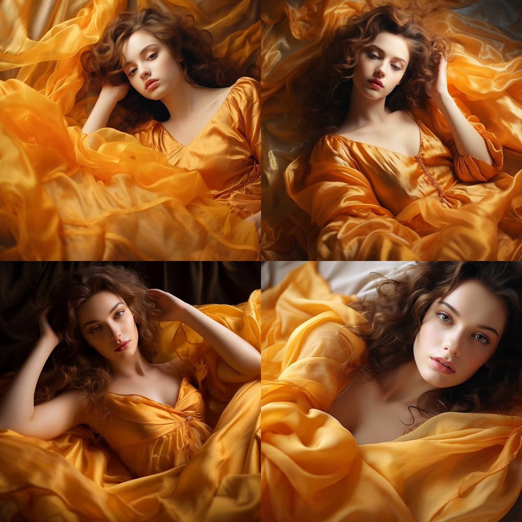 女人躺在柔软的绸缎上，流动感，诱人，甜美，细腻纹理，橙黄色 ，柔和色调，侧光，浅景深，迷人眼神，优雅姿态。