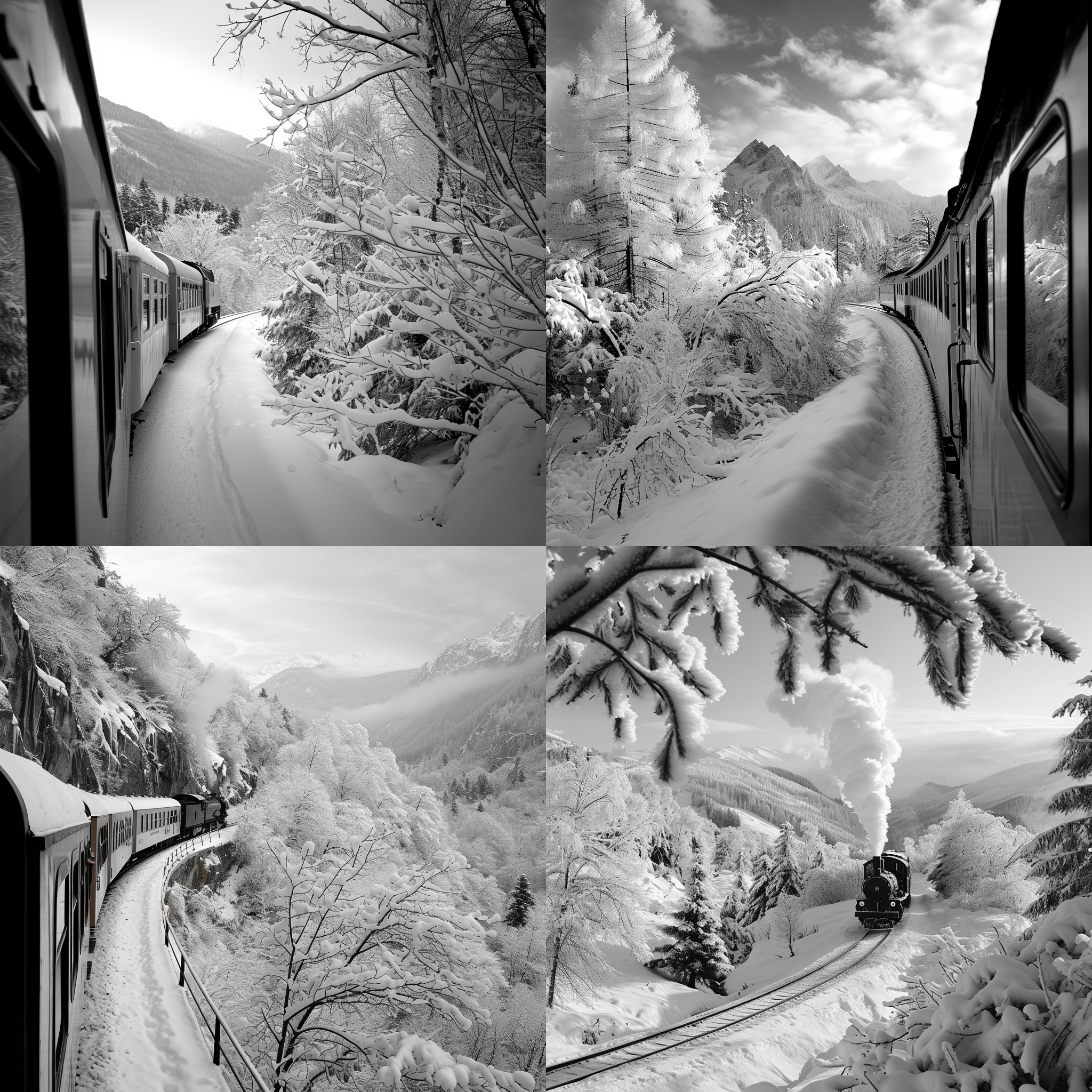 雪国列车，穿越白雪覆盖的山谷，迎面而来。列车在曲线轨道上行驶，大气扑面而来。挂满了冰晶的树枝和雪白的山峰作为背景，营造出冬季的神秘氛围。黑白风格，广角镜头，露天车厢，逆光，高速行进，冰冷，壮观。