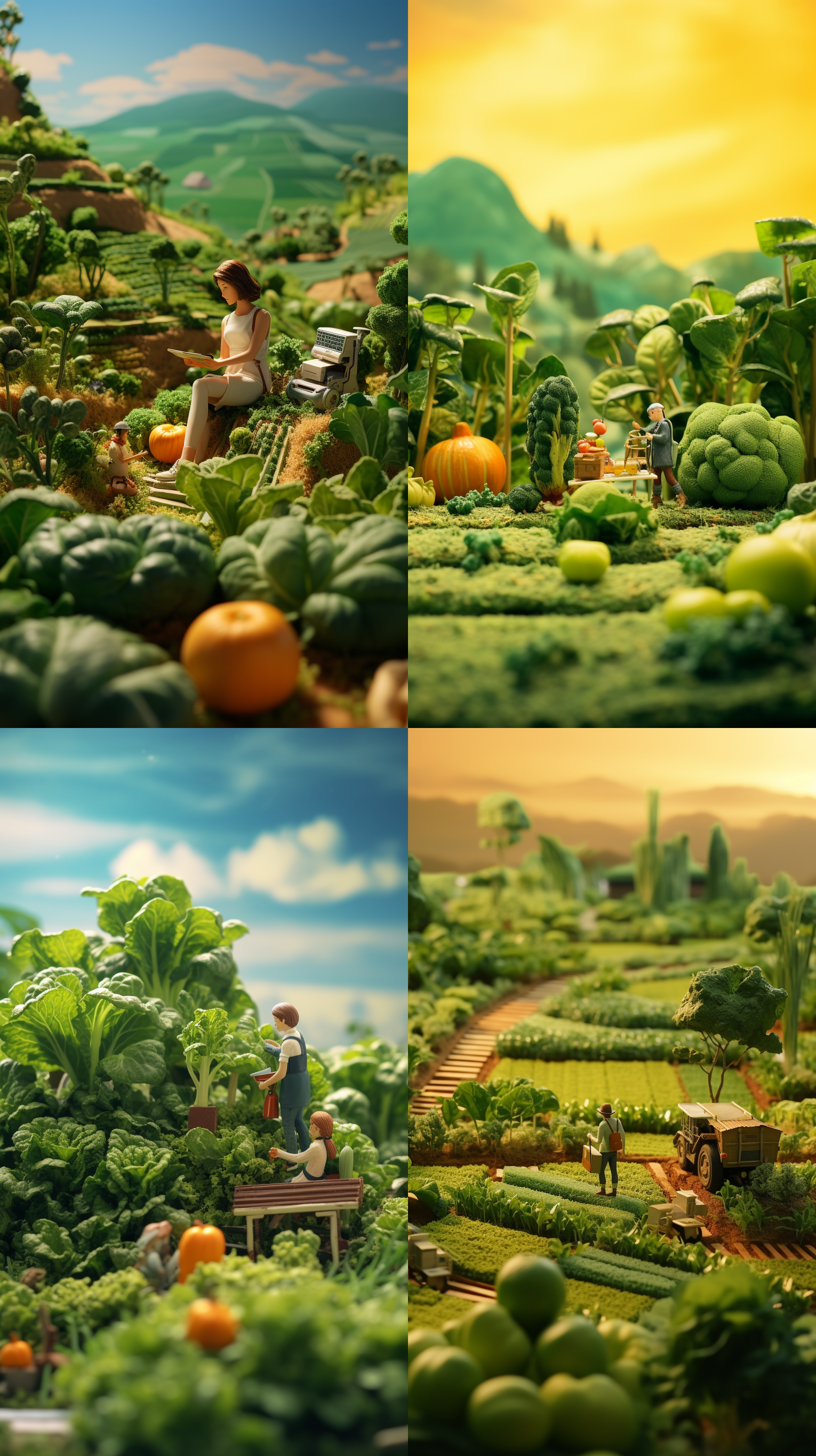 创意微缩景观世界，女孩坐在绿色天机蔬菜水果，自然色，超现实主义，柔软的光线，广阔的视野，景深，8k