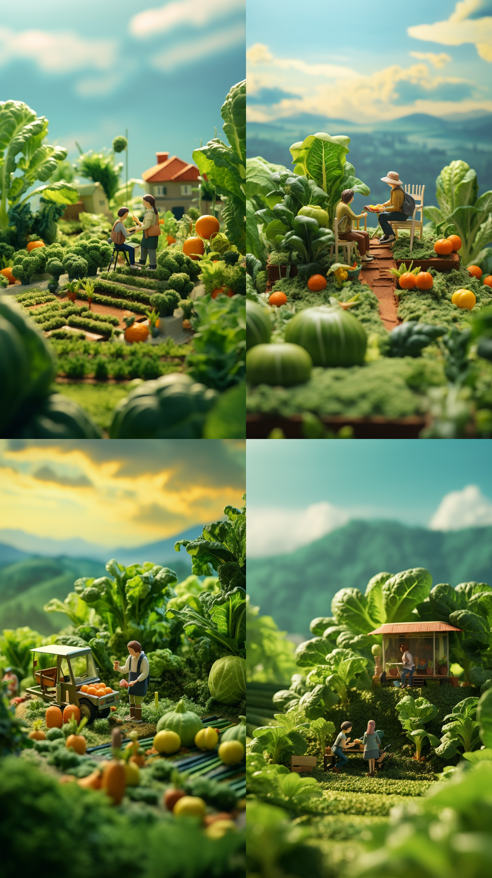 创意微缩景观世界，女孩坐在绿色天机蔬菜水果，自然色，超现实主义，柔软的光线，广阔的视野，景深，8k