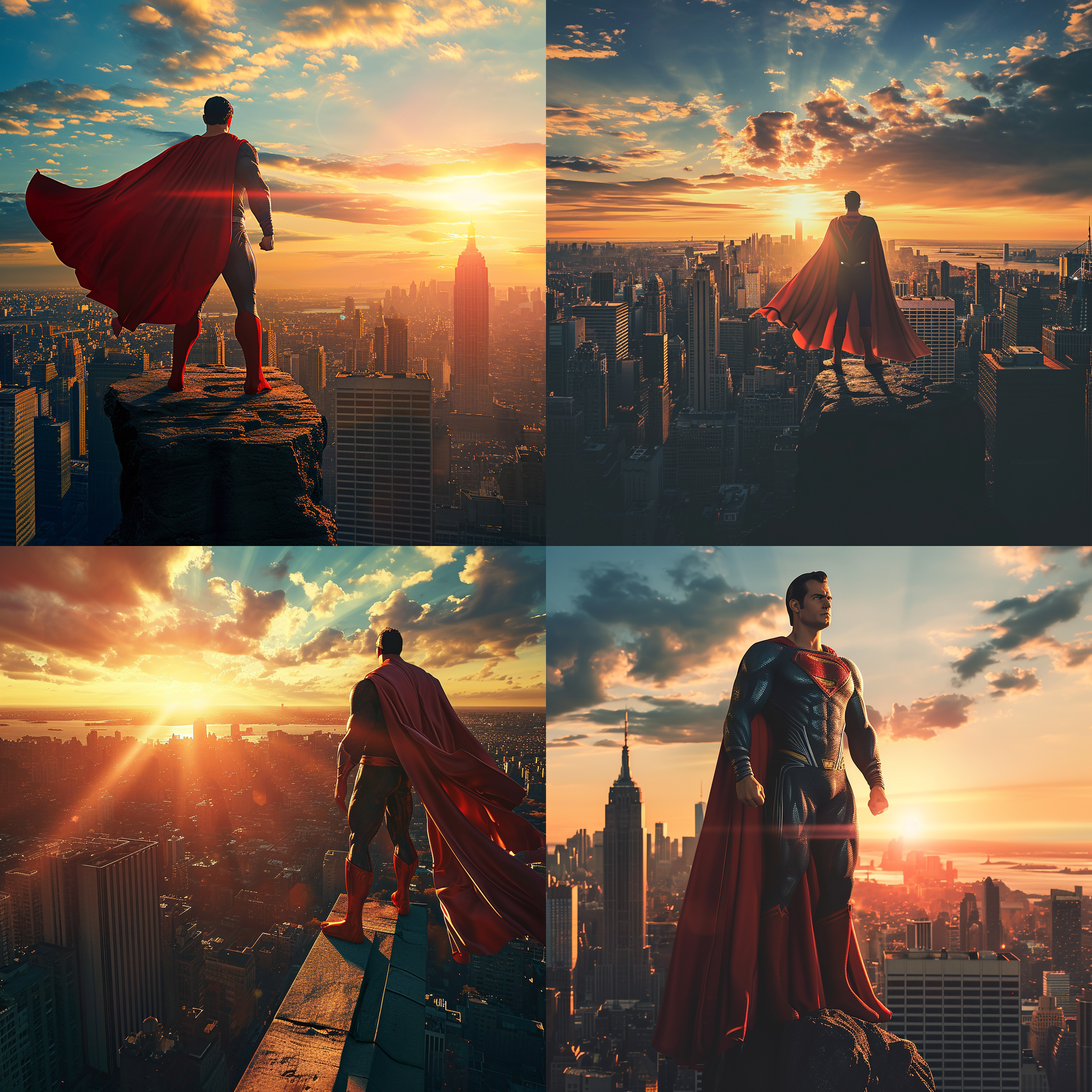 英雄电影，日落时分，城市天际线，超级英雄站在建筑物顶端，独特的透视角度，广角镜头，高动态范围，金色阳光洒在英雄身上，蓝天白云背景，肌肉紧绷，带着坚定表情，饱满的色彩，激励人心。
