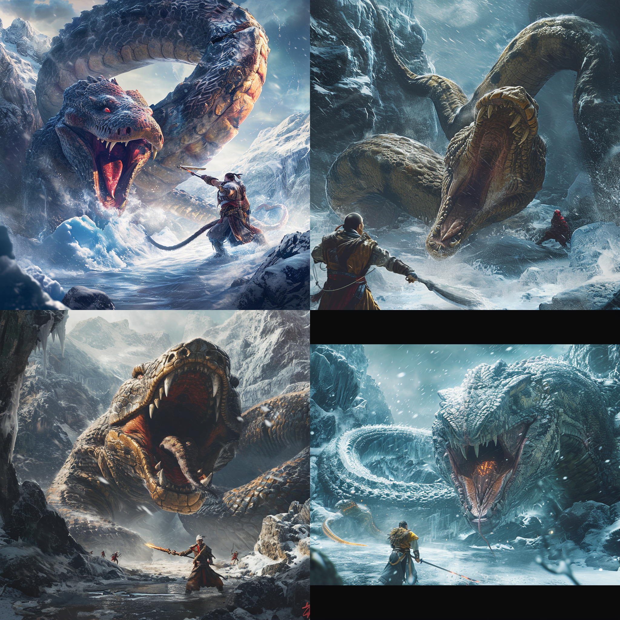 孙悟空对峙巨蟒，广角，超清画质，3d渲染，压迫感，场景宏伟逼真，高对比度，明亮照明，动作激烈，寒冰极地，战斗情绪激烈。