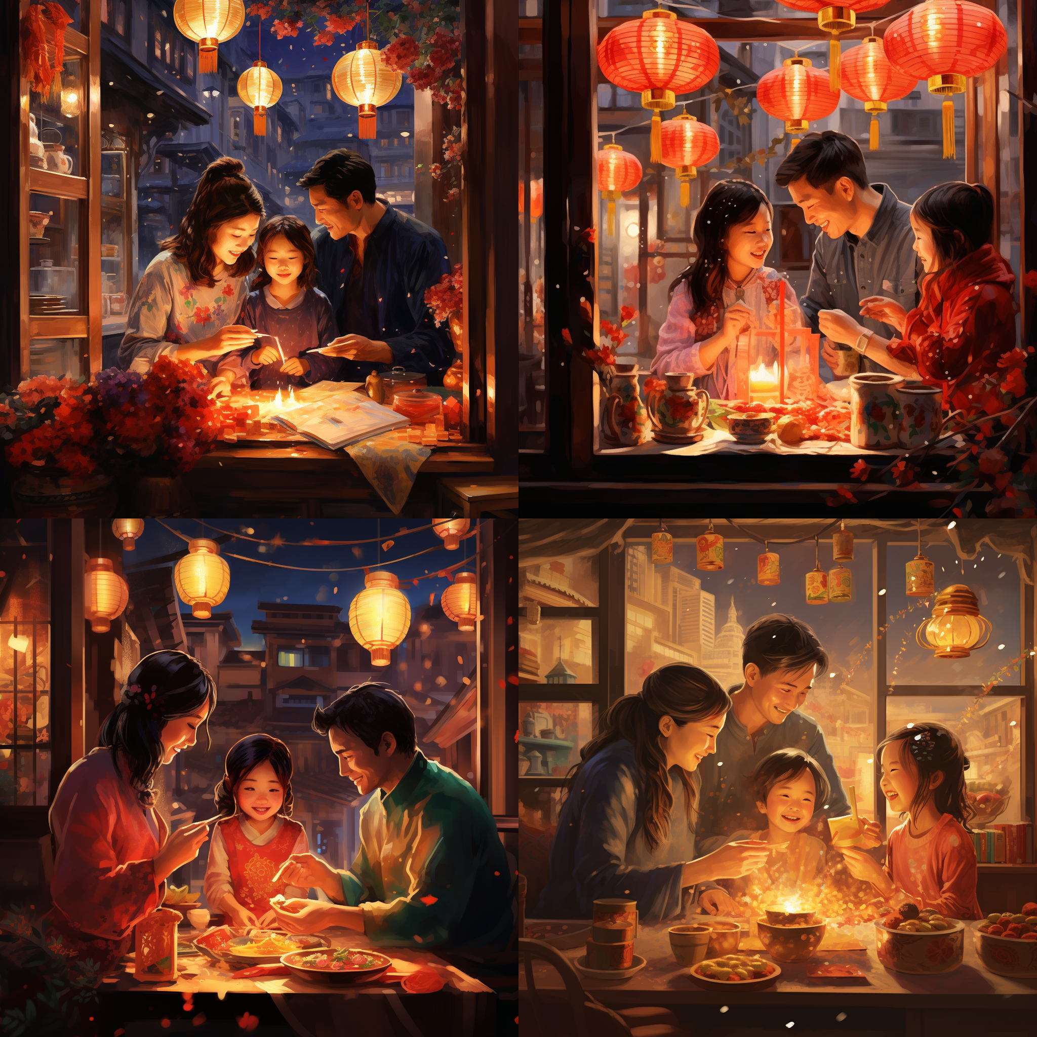 中国人，新年氛围，有灯笼，热闹场景，一家三口人坐在一起吃美味佳肴，温馨氛围，细节清晰，明亮色彩，窗外有彩色烟花绽放
