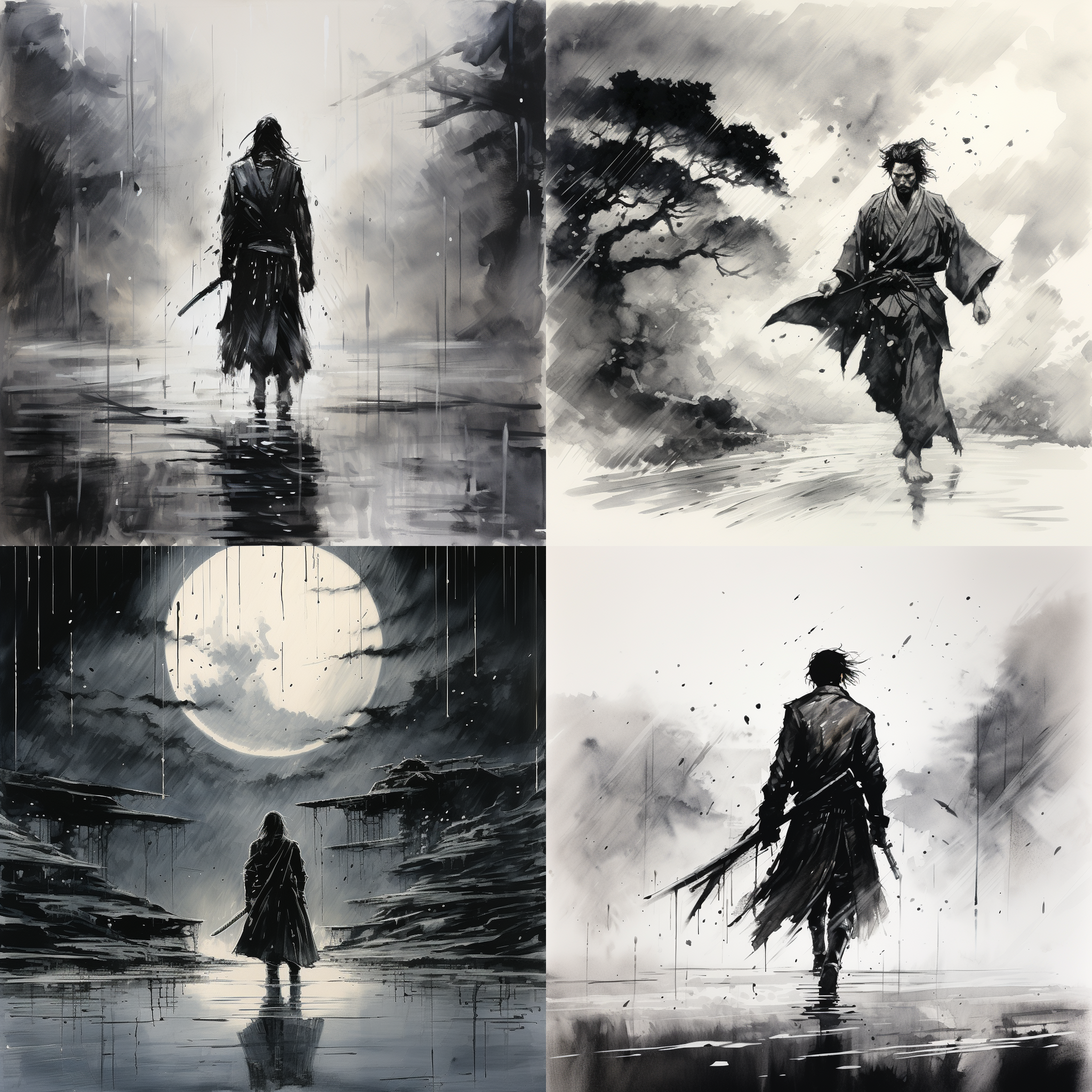 声势浩大的雨水，水墨色彩，天昏地暗，侠客独行，背负长刀，低角度，长焦镜头，飘动的雨幕，决绝的表情，黑白对比，剧烈动作，阴暗氛围。