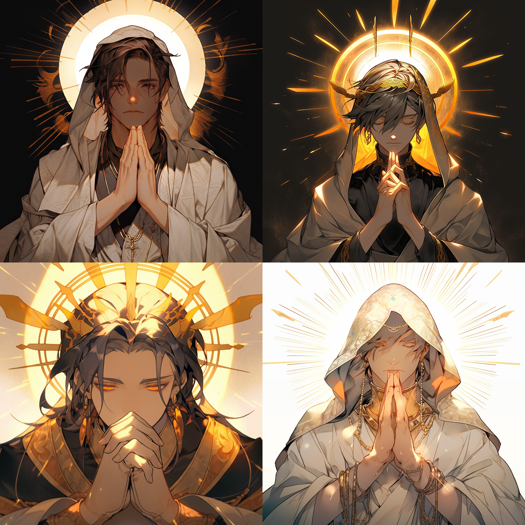 男人，正面，头上有黄色光圈，双手合十，古典主义，仰视镜头