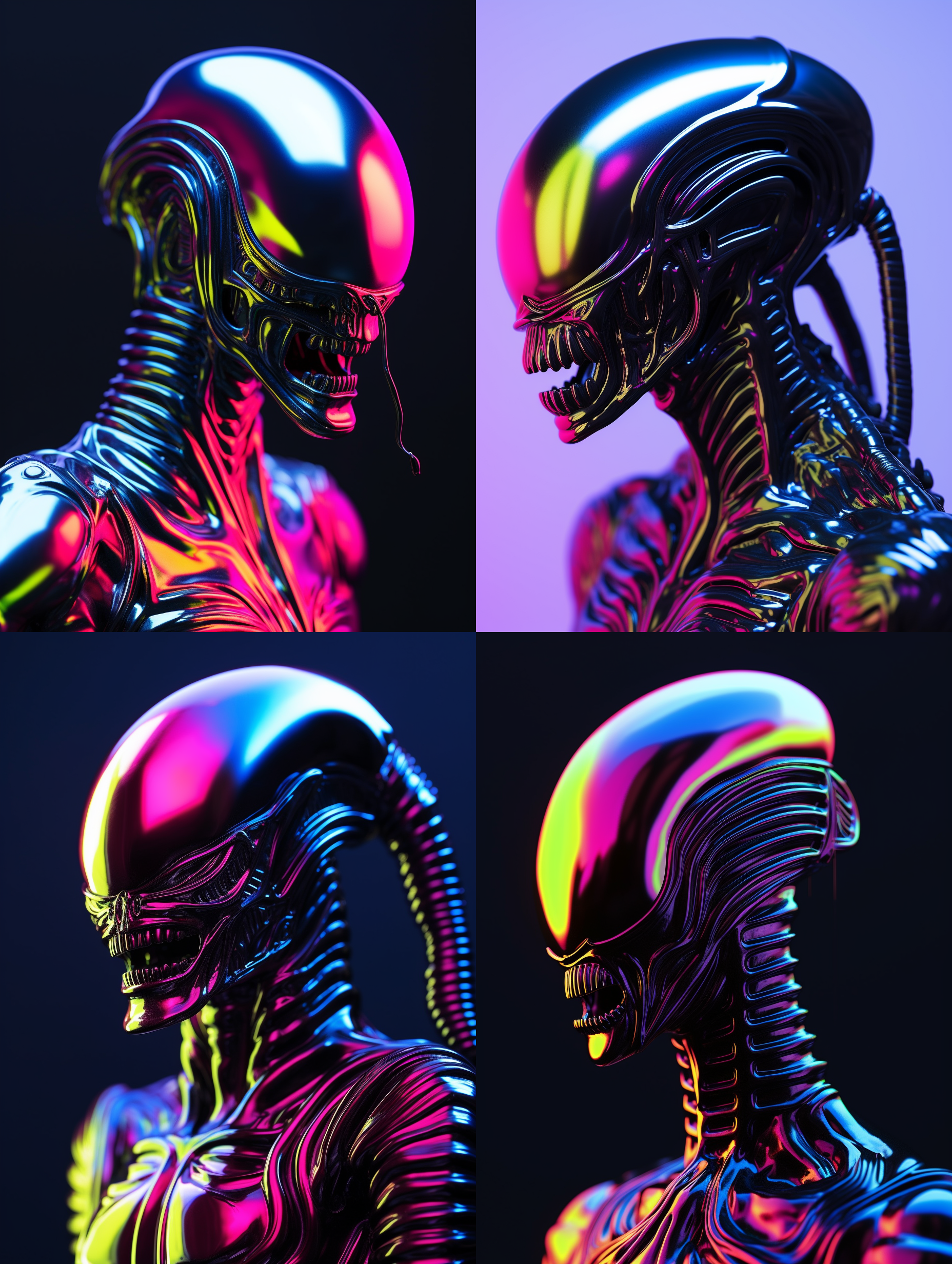 彩色反光外星人侧面，异形人毒液，黑暗背景，高饱和度，广角镜头，金属质感，反光效果，霓虹光线，动作凝固，神秘感，威胁。