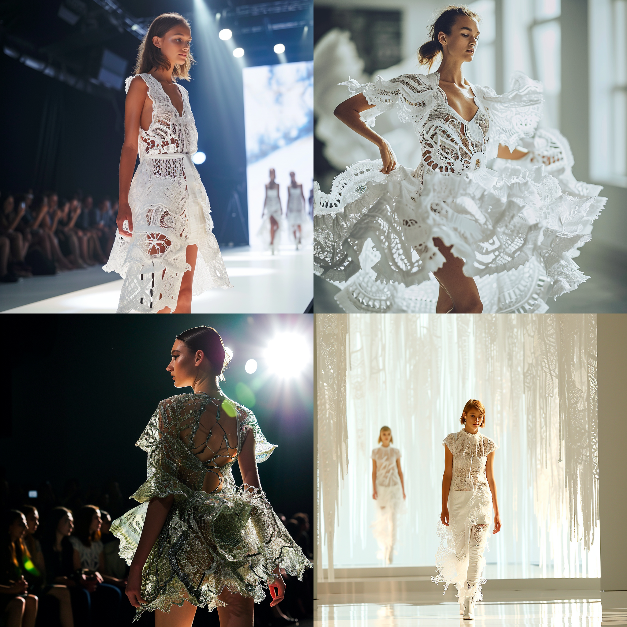 女模特在t台上，穿着用蕾丝材质衣服。构图对称，现代风格，明亮环境，立体感，透视感，强烈色彩，自信表情，展示姿态，时尚动作，创意设计，视觉冲击力。