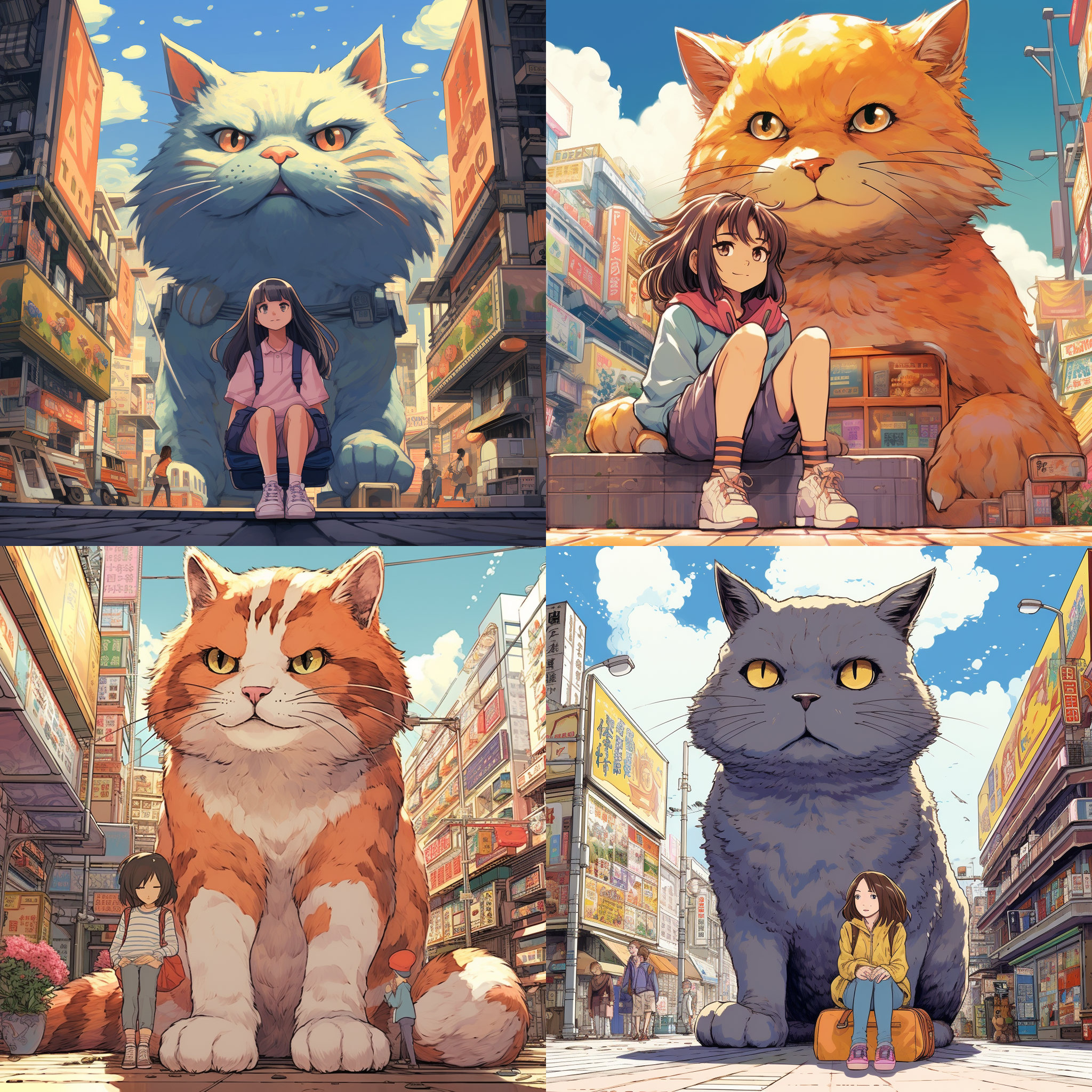 巨猫与少女，九十年代日本漫画风。巨猫坐在城市街道的拐角处，少女站在巨猫旁边。构图对称平衡，色彩鲜艳，像素化效果，细节丰富。广角镜头捕捉到巨猫和少女的互动，背景是充满九十年代风情的杂志店和复古建筑。忧郁的情绪弥漫其中，带给观者一种怀旧的感觉。