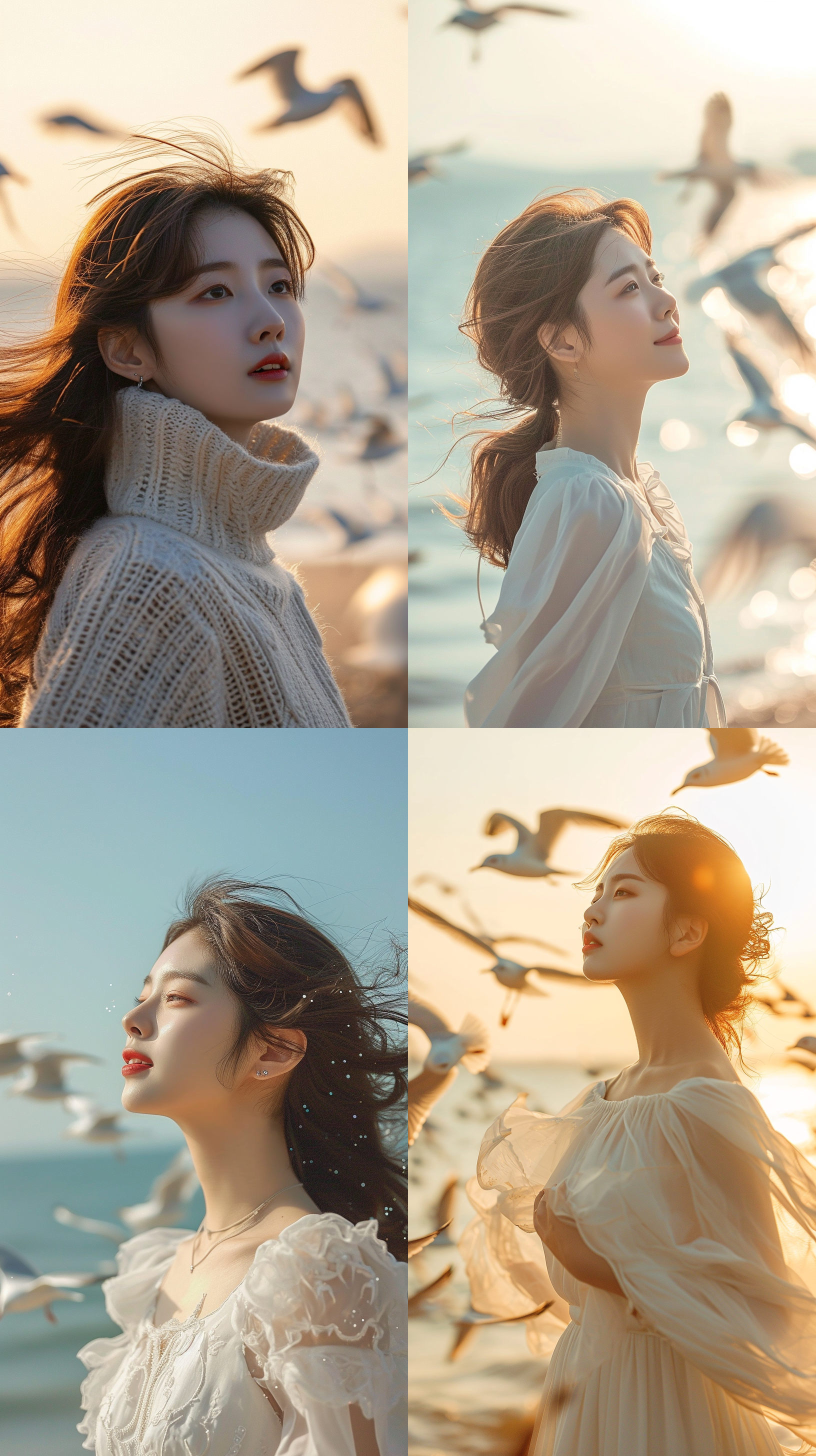 大海边，韩国美女，清纯，窈窕身材，皮肤白皙，眺望大海，微笑。海鸥。清新氛围，大光圈，长焦镜头，柔光，静态，温暖色调。优雅，自信，轻松，放松，欢快