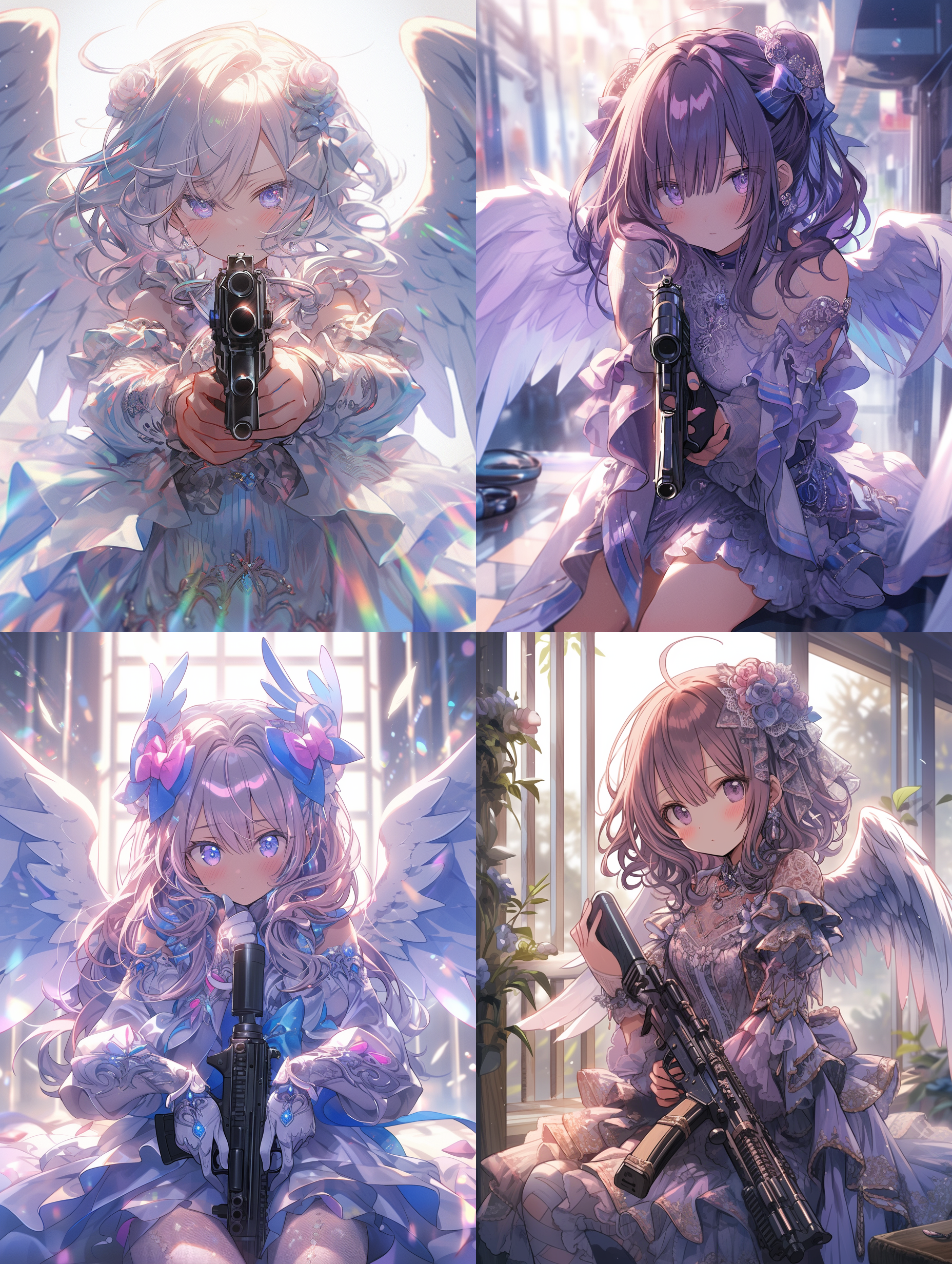 持枪天使，她有天使光环，她背后有紫水晶光翼，穿着琉璃色纱裙，二次元插画，高清图片质量，虚幻引擎渲染。