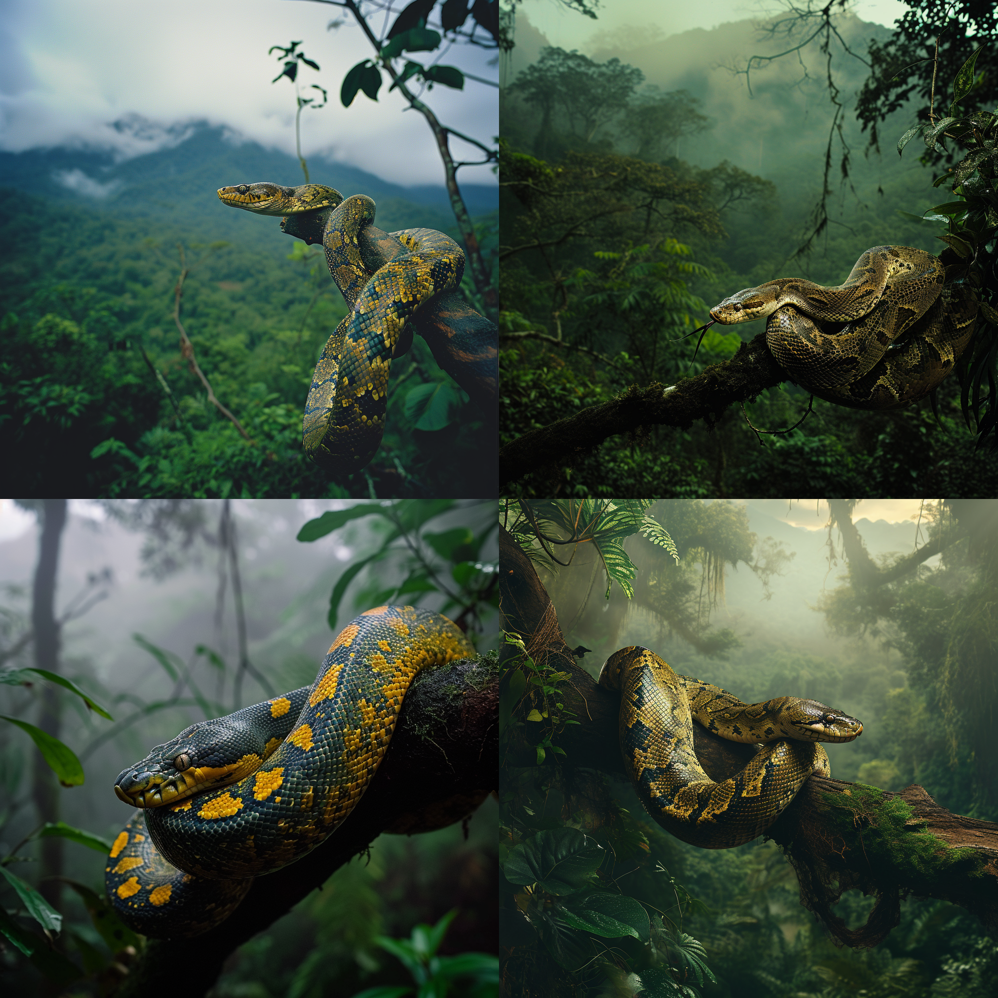 森蚺，静态摄影，大气磅礴的山脉背景，迷雾笼罩，细节丰富，广角镜头，高动态范围，柔和的光线营造出神秘而壮丽的氛围，森林中一条蚺蛇盘踞在树枝上，身姿优雅，目光锐利，展现着其威严与力量，深邃的绿色和金色调彰显着大自然的奇妙之美。