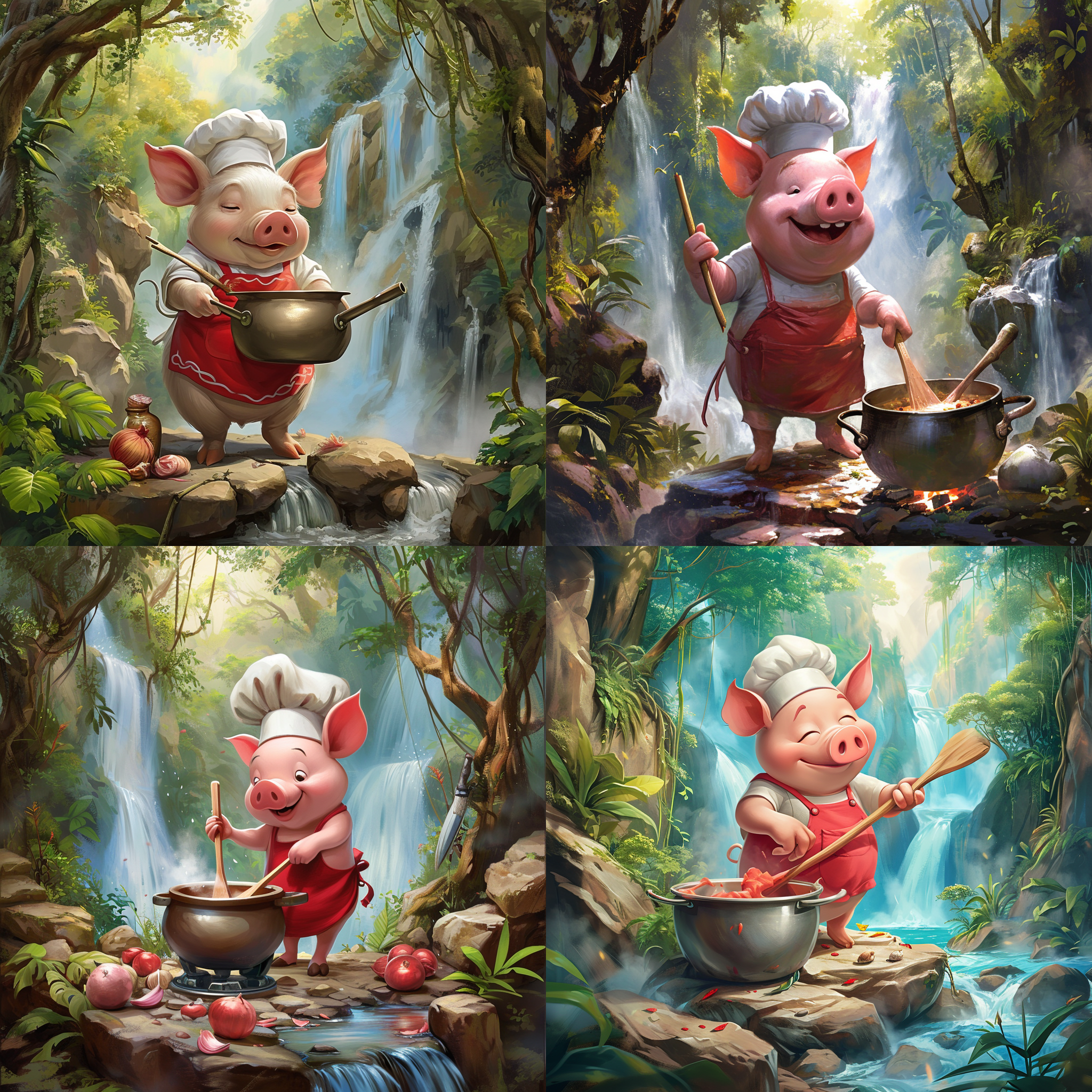 卡通猪在丛林中，站在岩石上，背景是茂密的树木和瀑布。猪身穿红色围裙，戴着厨师帽，手持木勺，正在搅拌一个巨大的锅。画面充满活力，色彩鲜艳，透视效果明显。猪的表情充满喜悦和自豪。烹饪，创造力，自信，自由，欢乐。