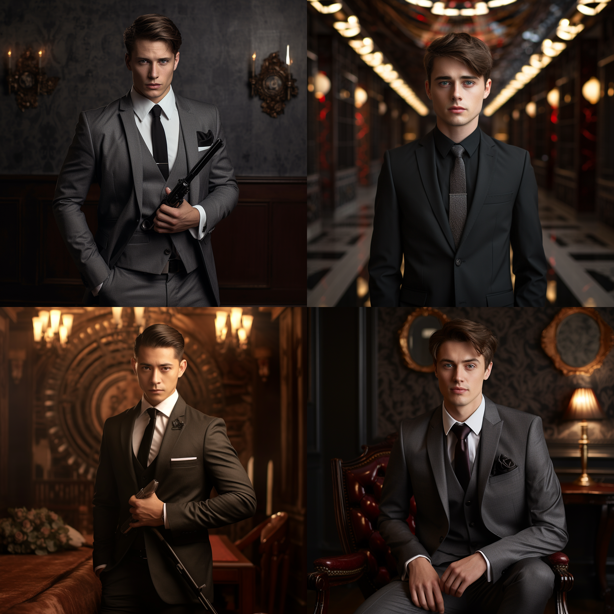 生成一张新郎单人照，黑色枪驳领西装，灰色领带，不要蝴蝶结的，复古背景 超高分辨率 单人 短发 室内