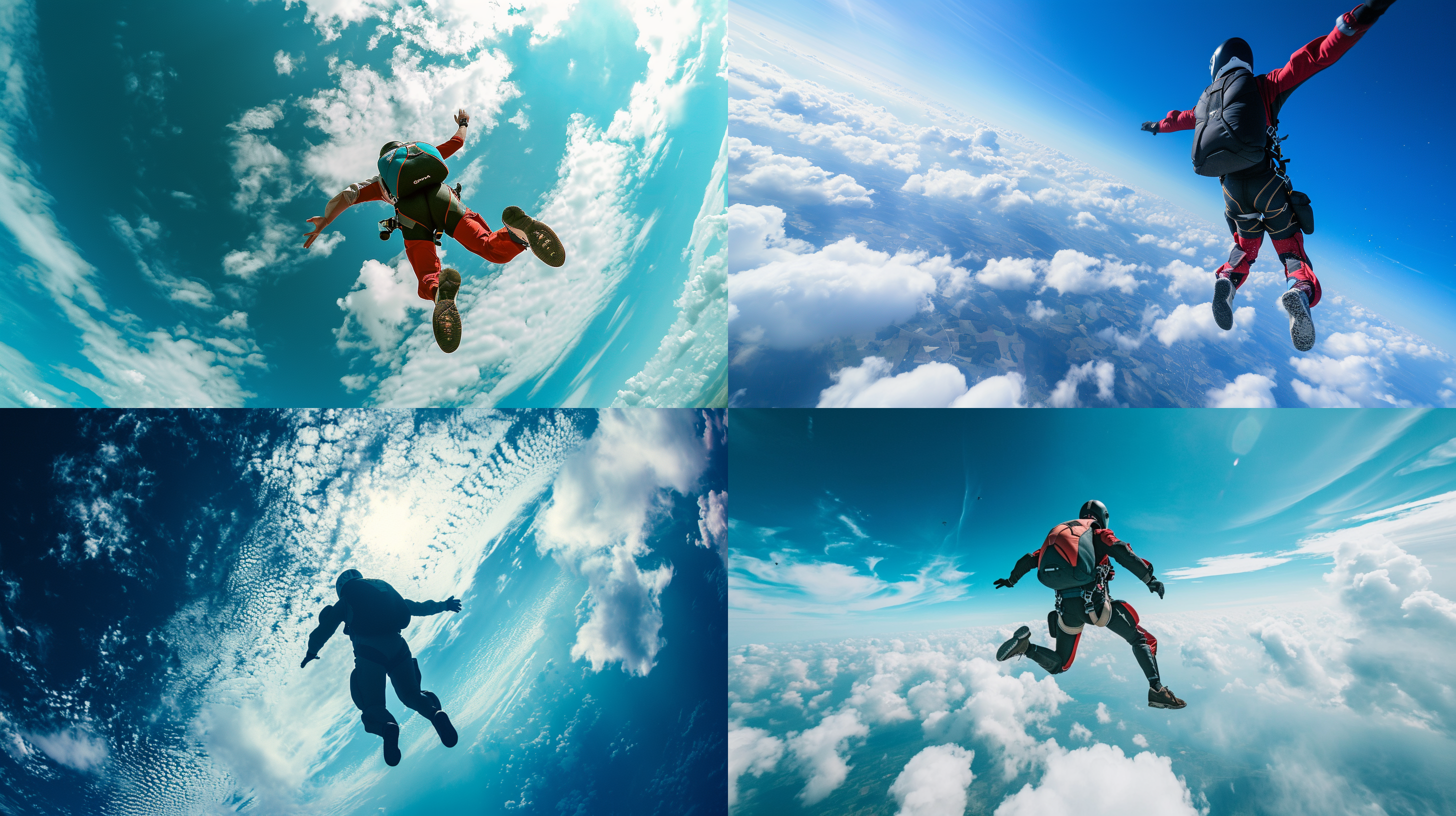 跳伞爱好者，高空俯冲，广角镜头，蓝天白云，极限运动，刺激，无降落伞，勇敢，自由落体，惊险刺激，冒险精神。