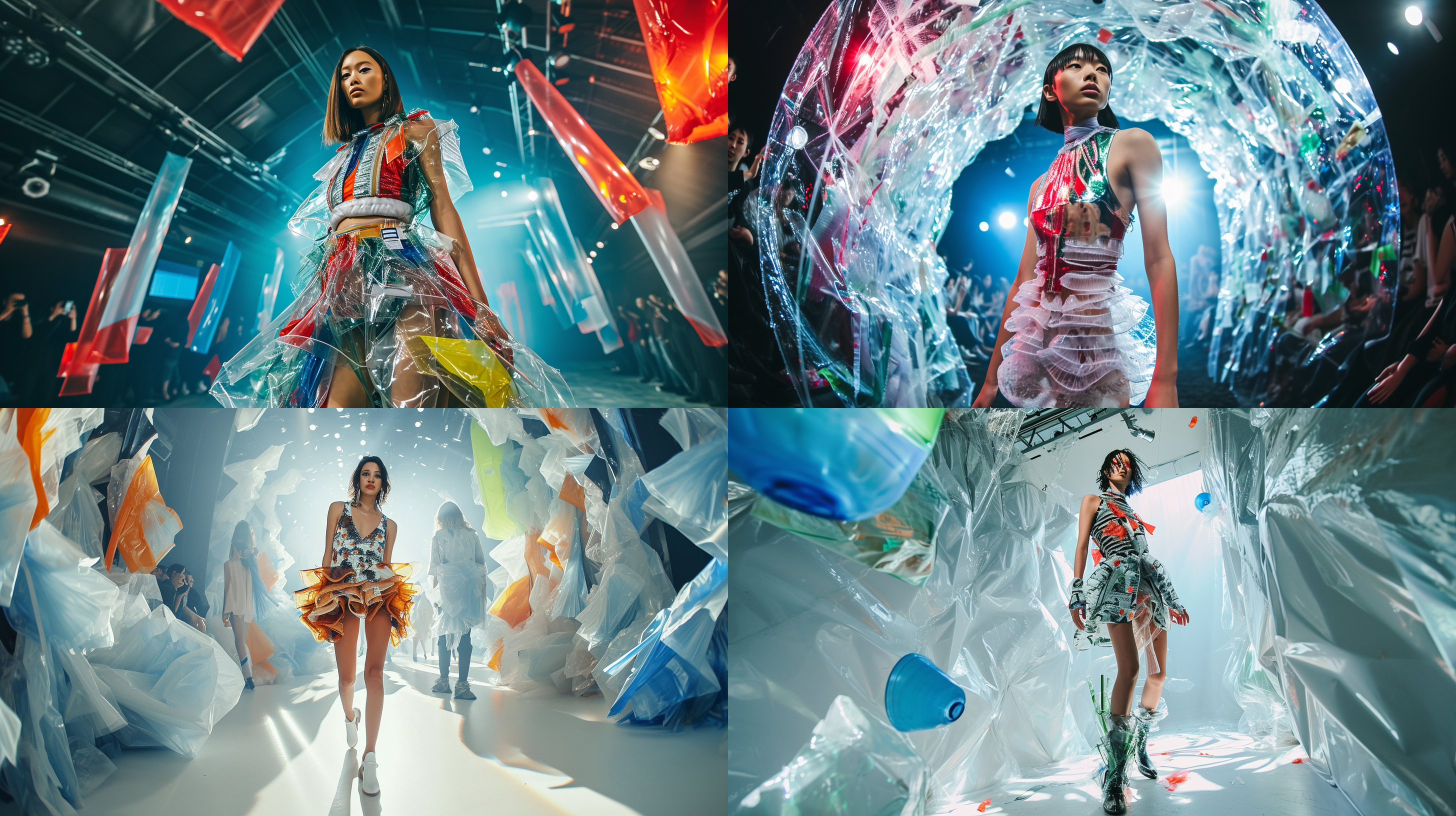 女模特在t台上，穿着用塑料袋和编织袋制作的衣服。构图对称，现代风格，明亮环境，鱼眼镜头，立体感，强烈色彩，自信表情，展示姿态，时尚动作，创意设计，视觉冲击力。