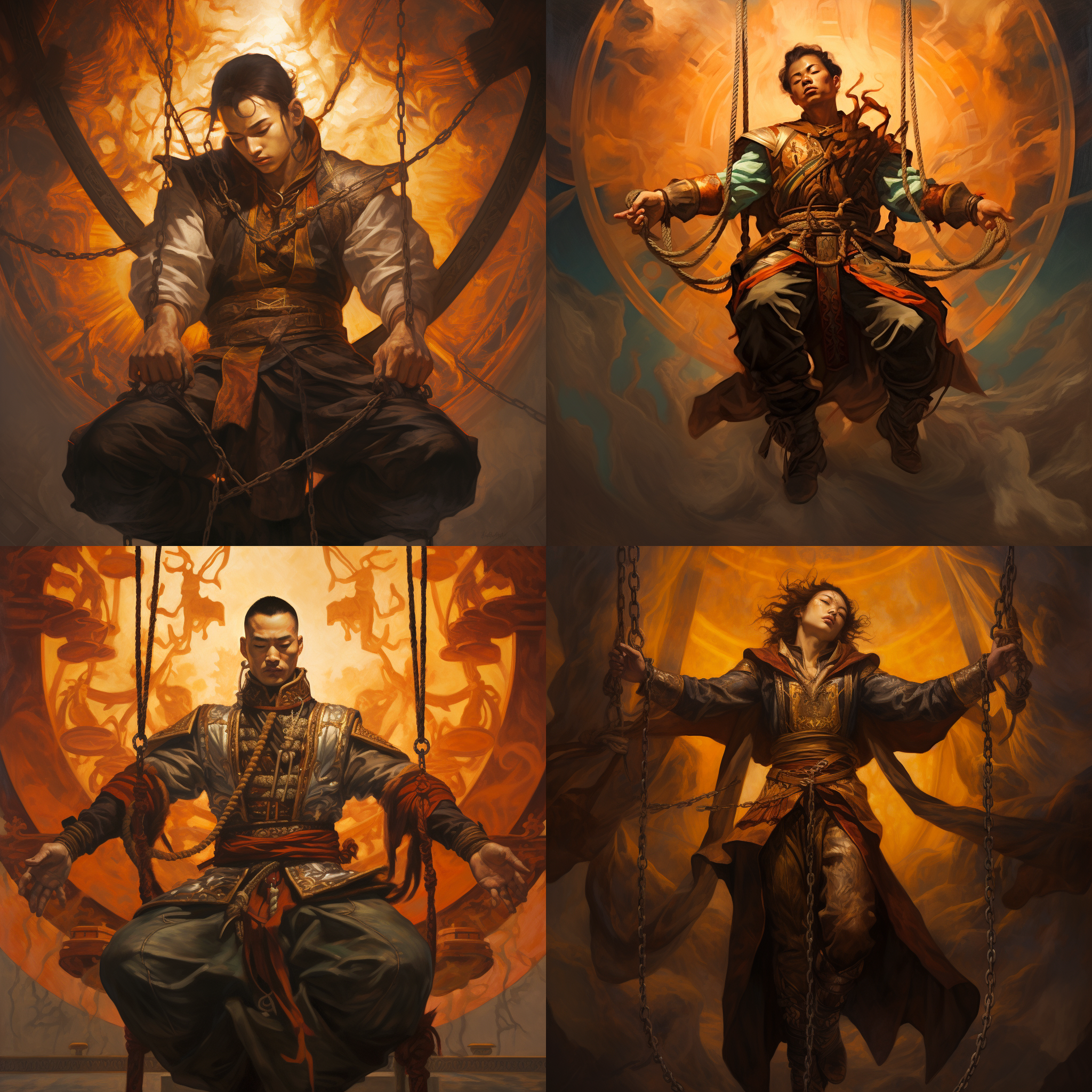 一个体型巨大的神，性别为年轻男性，身穿敦煌飞天服饰，双手合十低头垂眸，被困于高塔之中，手上绑铁链，古典油画风格，俯视镜头，头顶打光，暖色调，明暗对比强烈，多细节