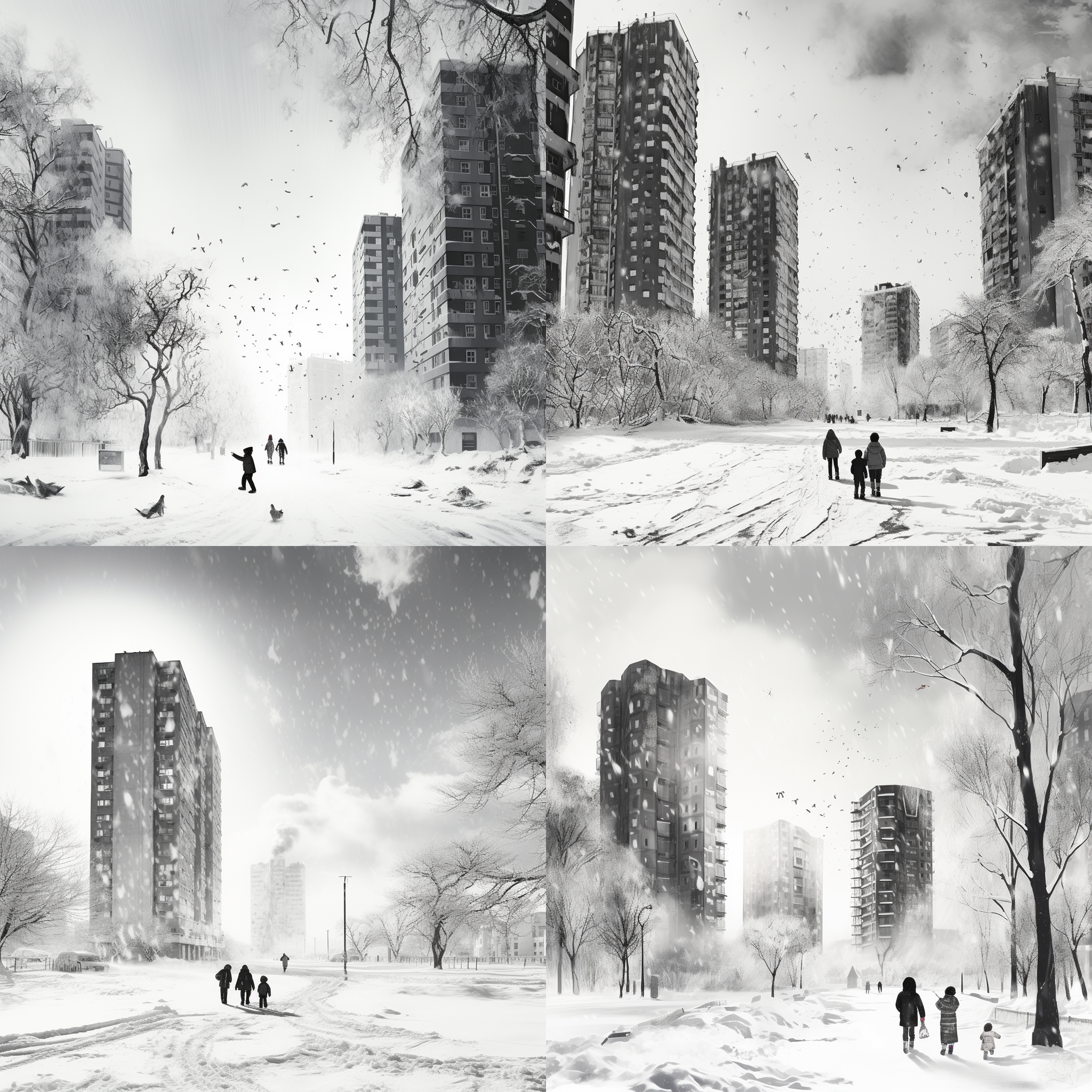 高楼组成小区，大雪纷飞。小孩们在雪地里打雪仗和堆雪人。照片采用水墨画风格，黑白色调，远景广角镜头，自然光线，凝固的动作，细腻的线条，强烈的对比度，传递欢乐和童趣的情感。