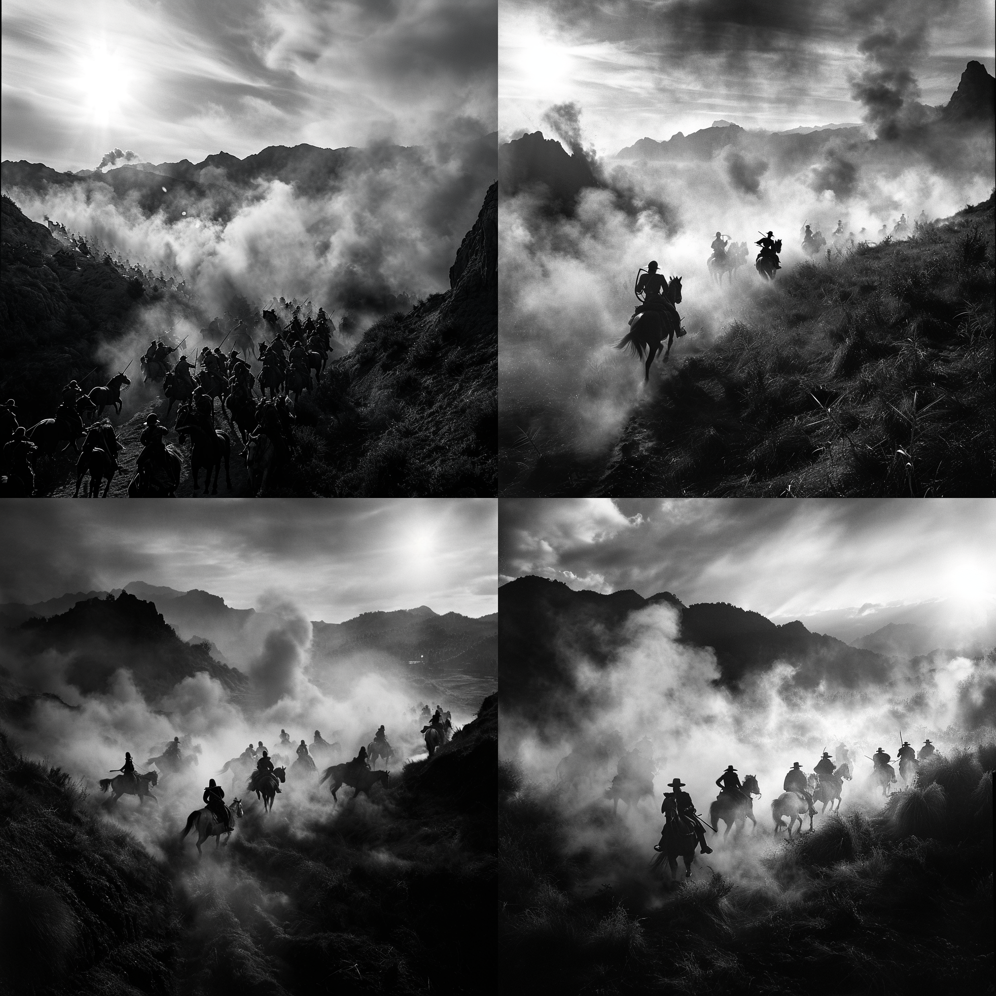 萨尔浒战役，烟雾弥漫，层层山峦，夕阳下的草原，骑兵冲锋，战斗中的英雄，光影交错，黑白摄影，快速快门，动作凌厉，壮丽景色，激情澎湃。