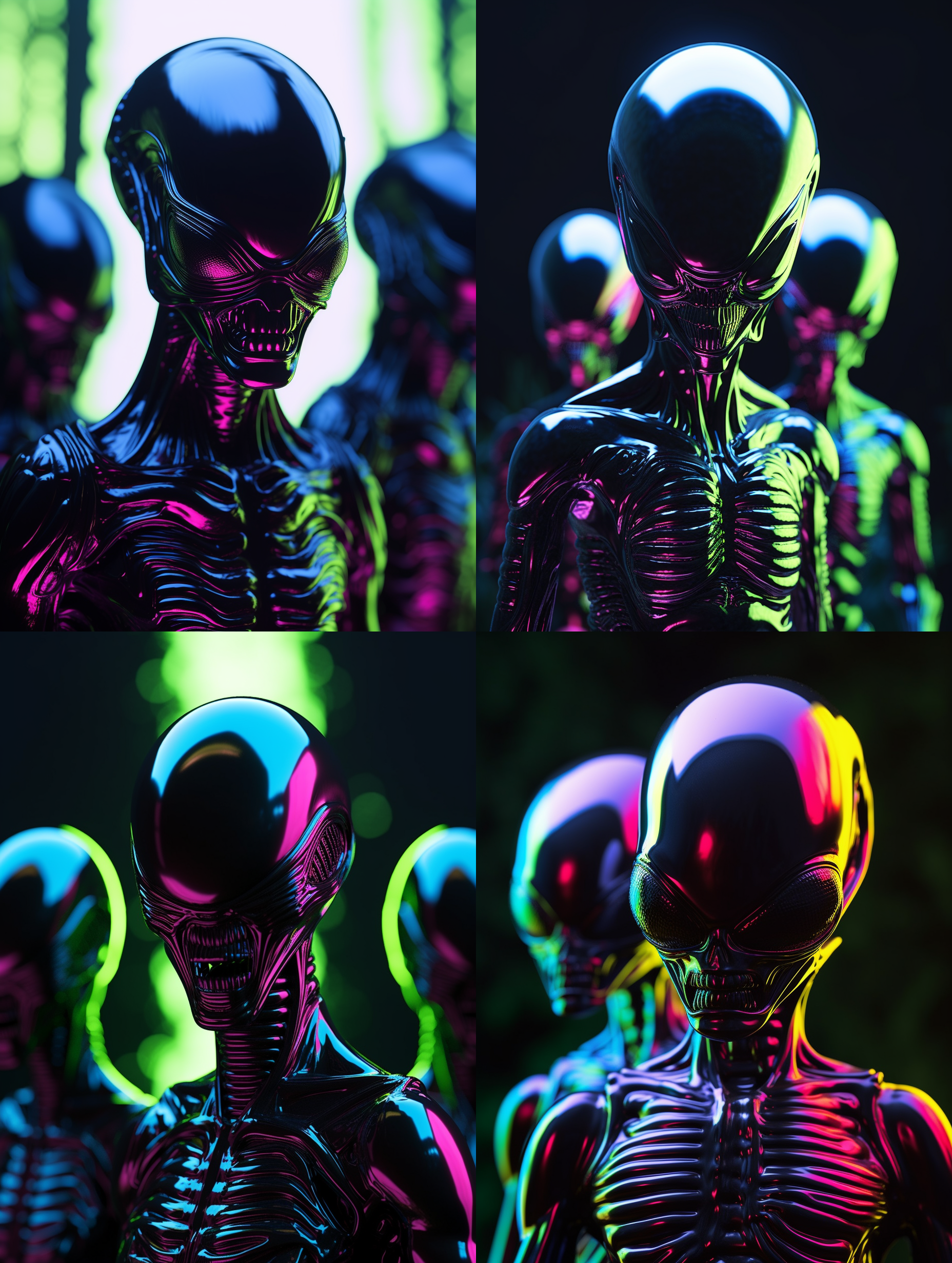 彩色反光外星人，在黑暗的森林中。正面特写，镜头透视感，金属质感，强烈饱和度，闪光灯效果，绿色背景，宽广角度，神秘感，光晕，悬浮，惊奇。