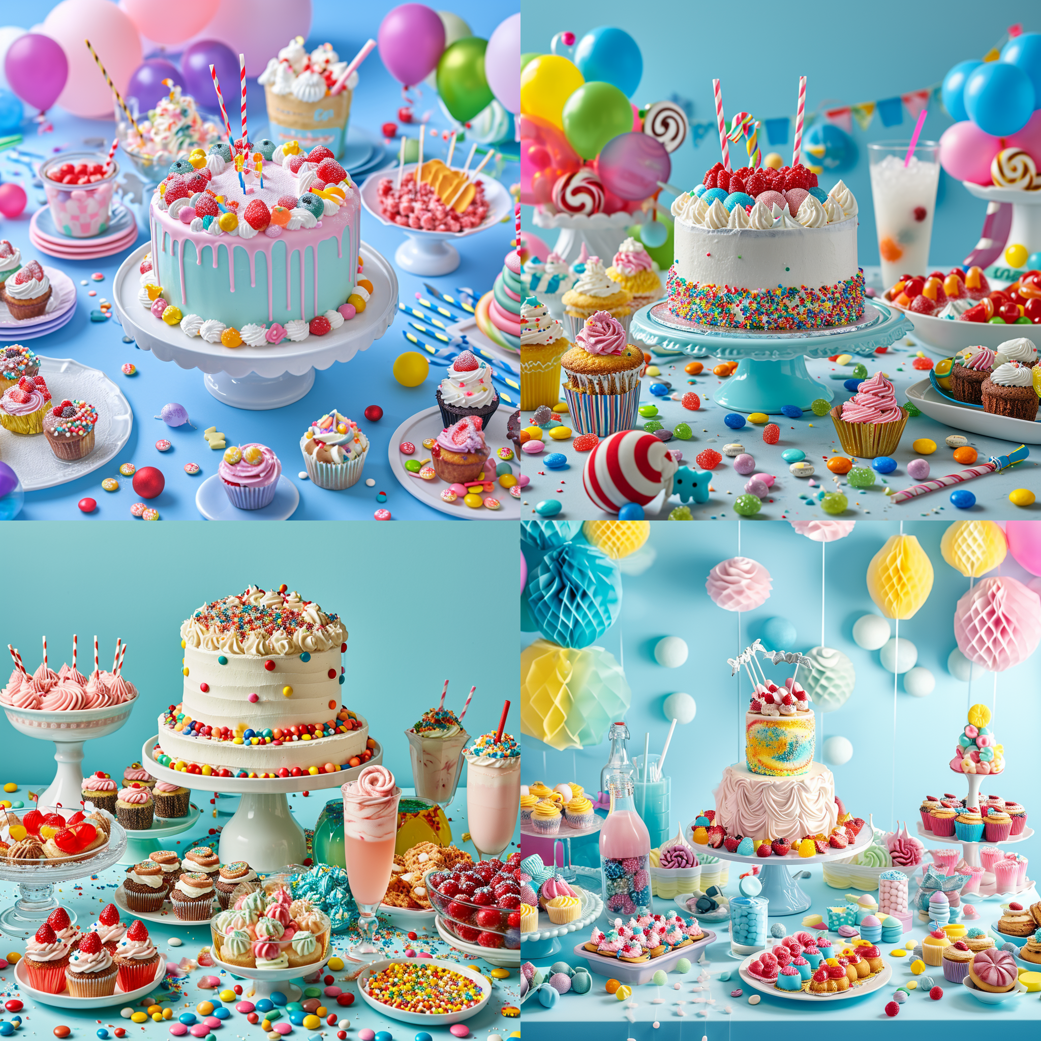 派对桌面布置，真实拍摄，一整张桌子，中间一个大蛋糕，60°角度拍摄，桌上有糖果、纸杯蛋糕、饮料、食物，背景浅蓝白色，具有节日氛围，细致细节，高清摄影，16k分辨率，生动色彩，欢乐气氛，令人愉悦。