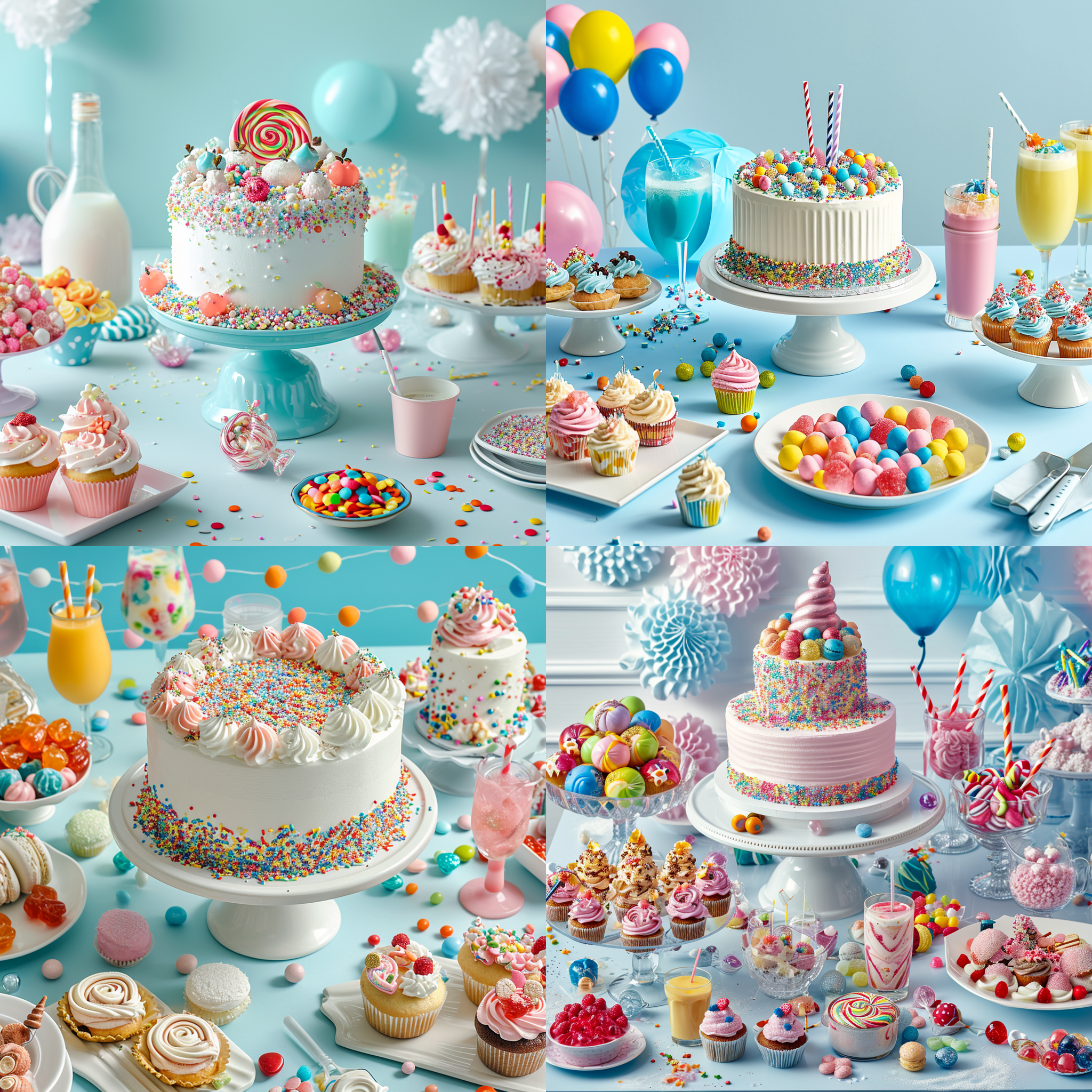 派对桌面布置，真实拍摄，一整张白色桌子，中间一个大蛋糕，60°角度拍摄，桌上有糖果、纸杯蛋糕、饮料、食物，背景浅蓝白色，具有节日氛围，细致细节，高清摄影，16k分辨率，生动色彩，欢乐气氛，令人愉悦。