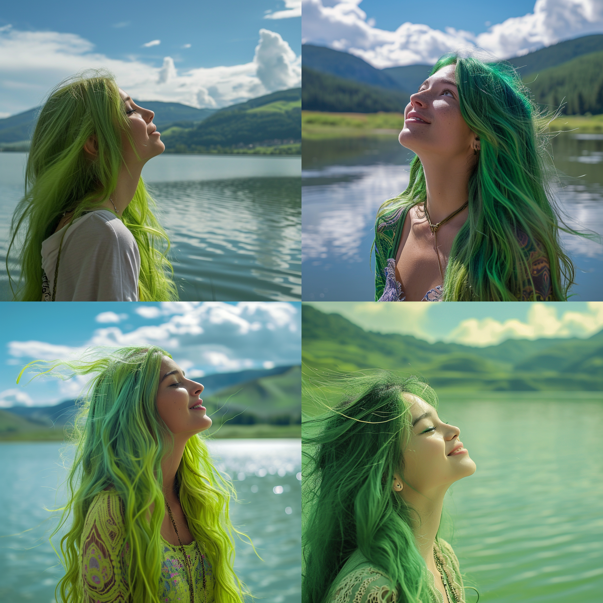 青丝飘逸，细腻的阳光洒在长发上，轻柔的风吹拂，她微笑着仰望远方。背景是一片宁静的湖泊，倒映着蓝天白云和青山绿树。构图对称，色调柔和，用长焦镜头拍摄，呈现出优雅和宁静的氛围。优雅，宁静，细腻，阳光，风，微笑，湖泊，倒影，蓝天，白云，青山，绿树。
