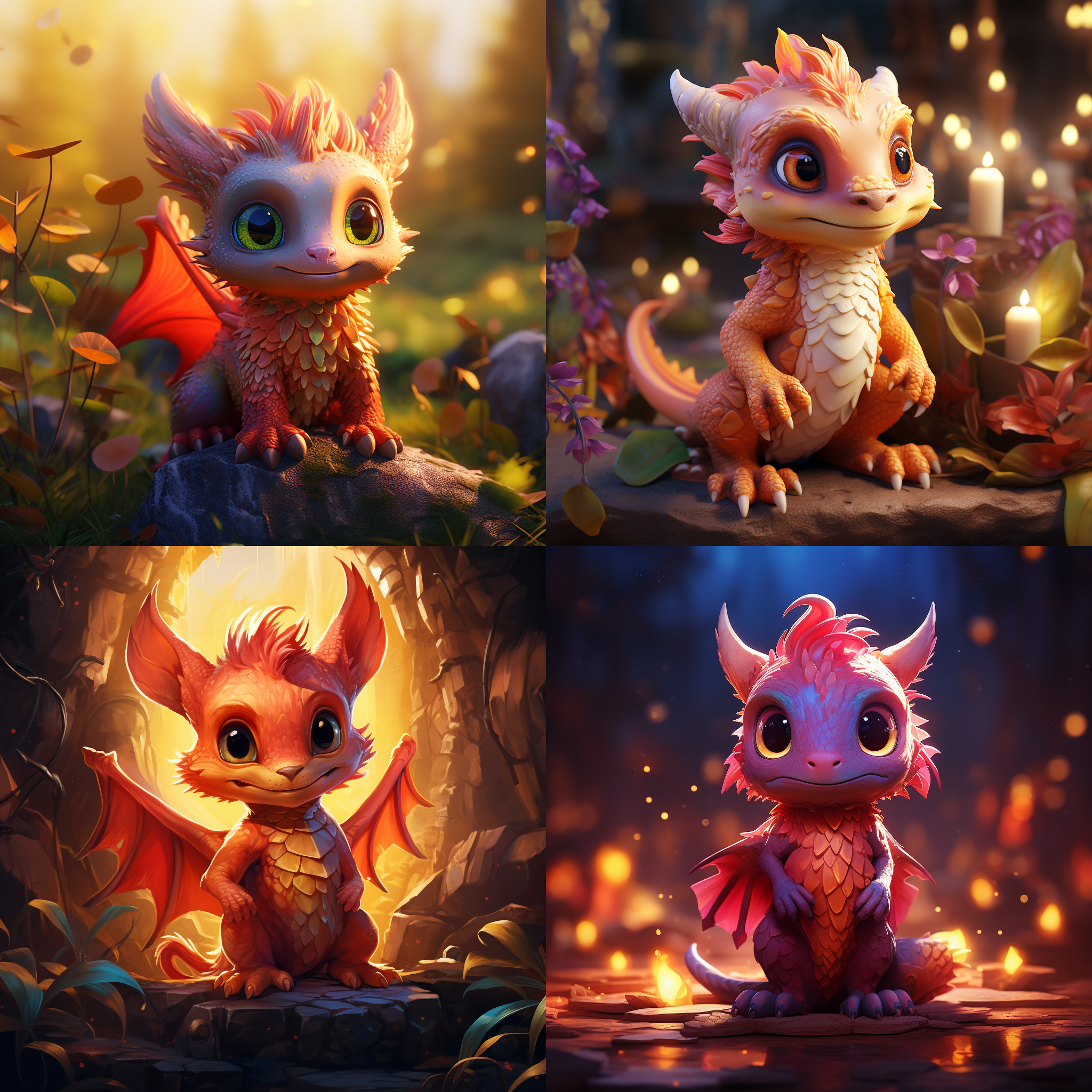 可爱的小龙，五爪，红色主导，丰富多彩，明亮细腻，线条清晰，环境丰富，饱满的色彩，温暖的光线，生动活泼，欢快。