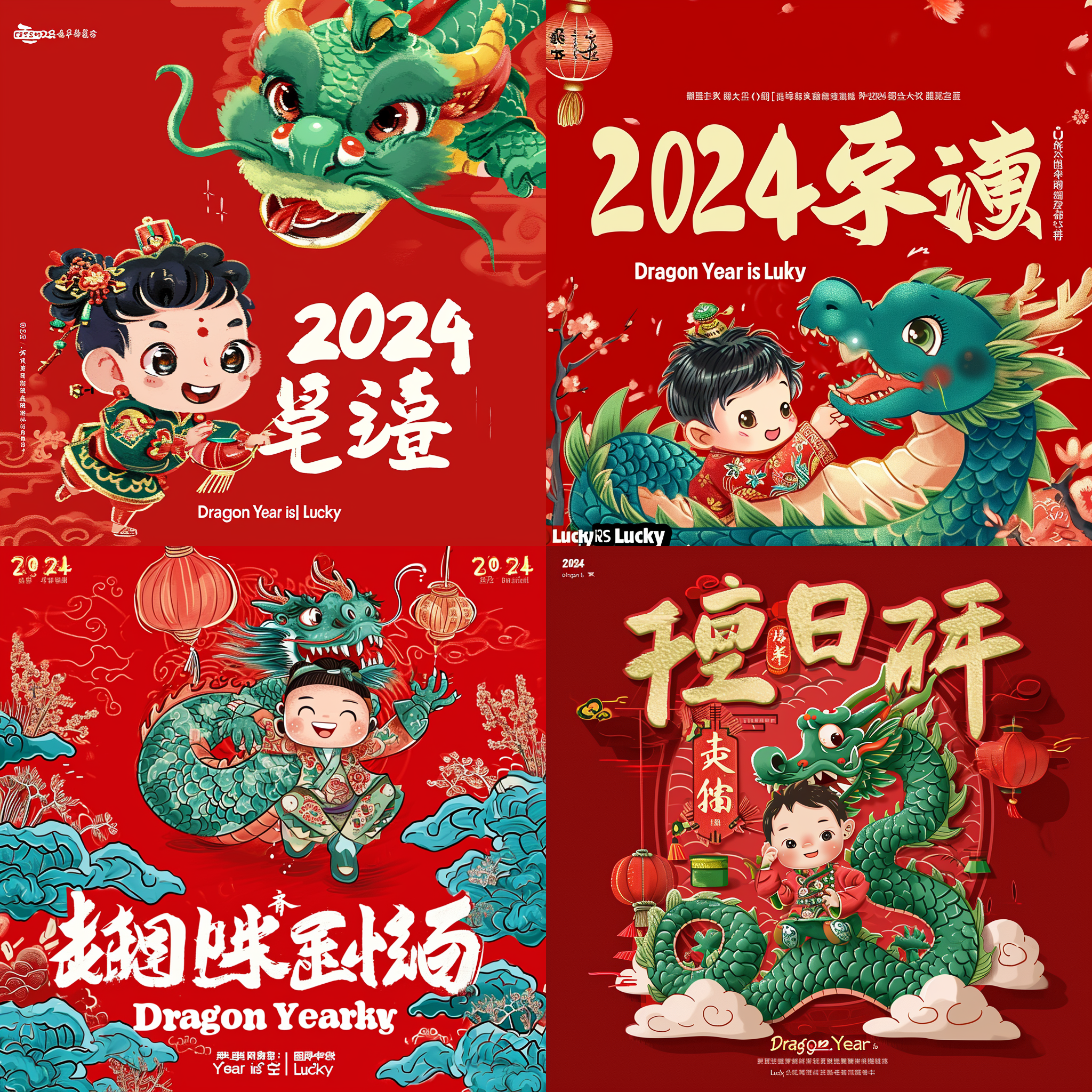 红色主题，一个盘旋的中国青龙，配合一个汉服12岁的男孩，底部艺术配字2024龙年大吉，整体效果与中国春节相结合，龙宏伟需表现全身，男孩手持春节喜庆小灯笼