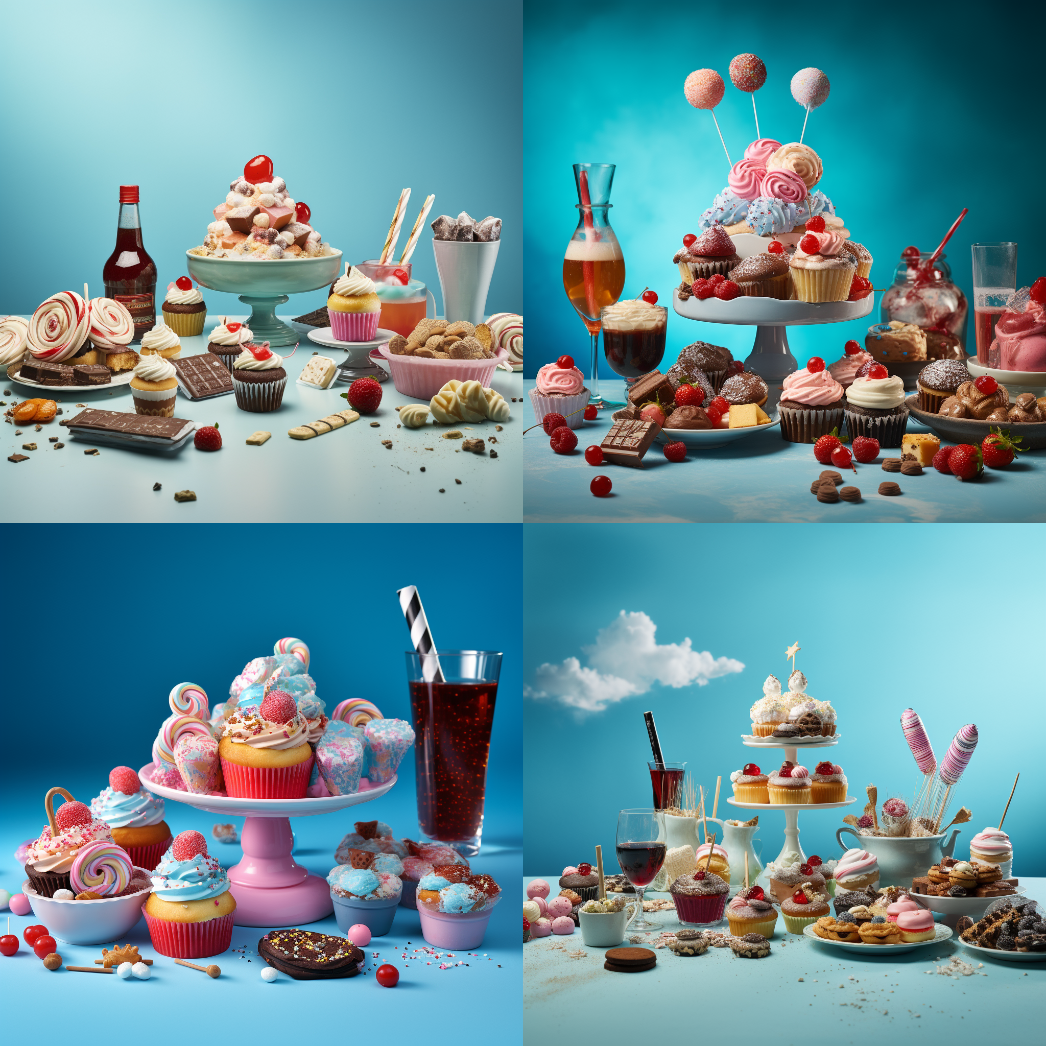真实拍摄，一张桌子 ，远景，桌上有糖果，纸杯蛋糕，饮料，食物，背景浅蓝色，通过专业的摄影，细致细节，16k高清摄影