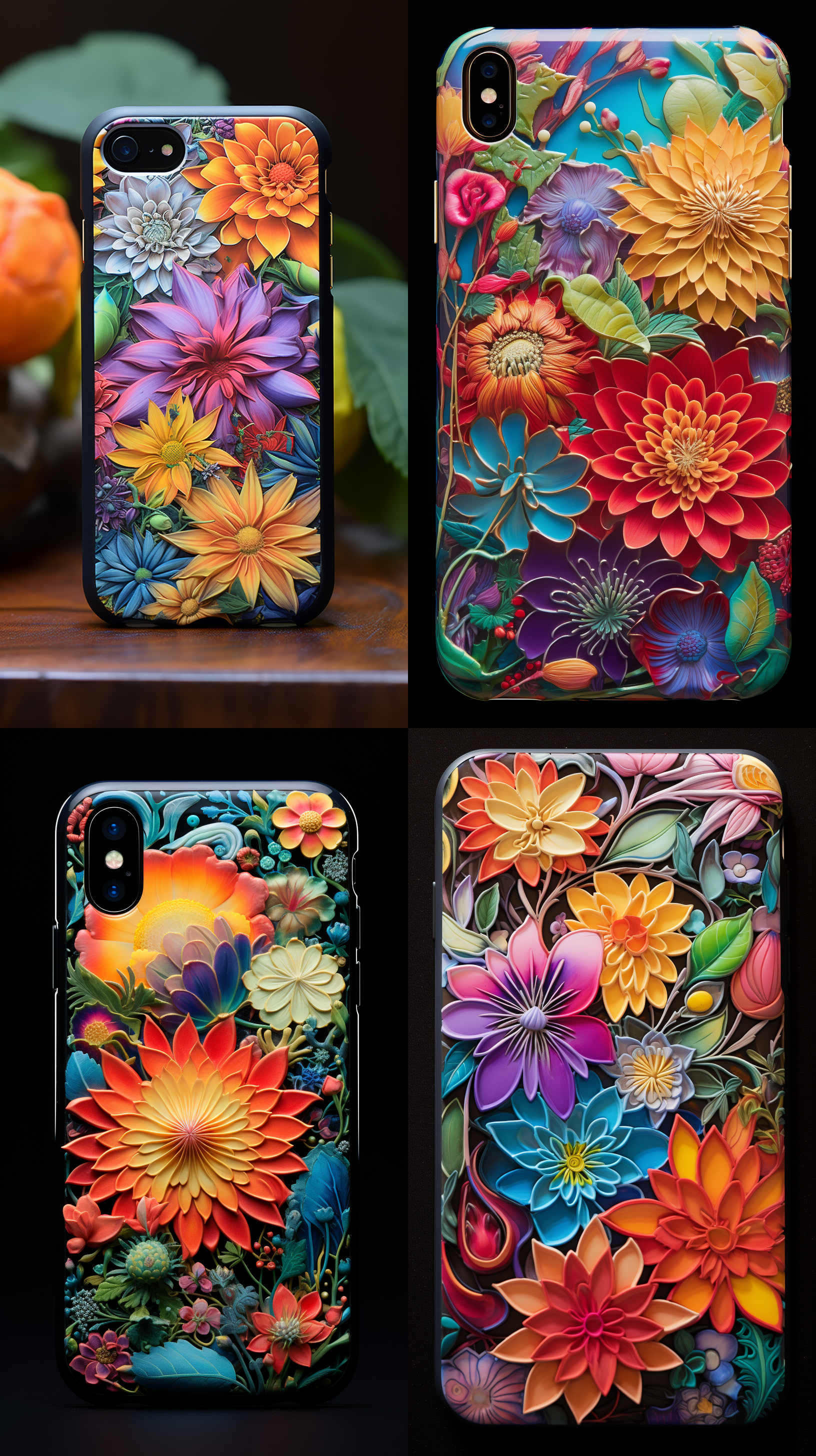 a colorful flower phone case with a colorful background of flowers on it's back cover, with a black background, a digital rendering, cloisonnism, vibrant colors, alex grey