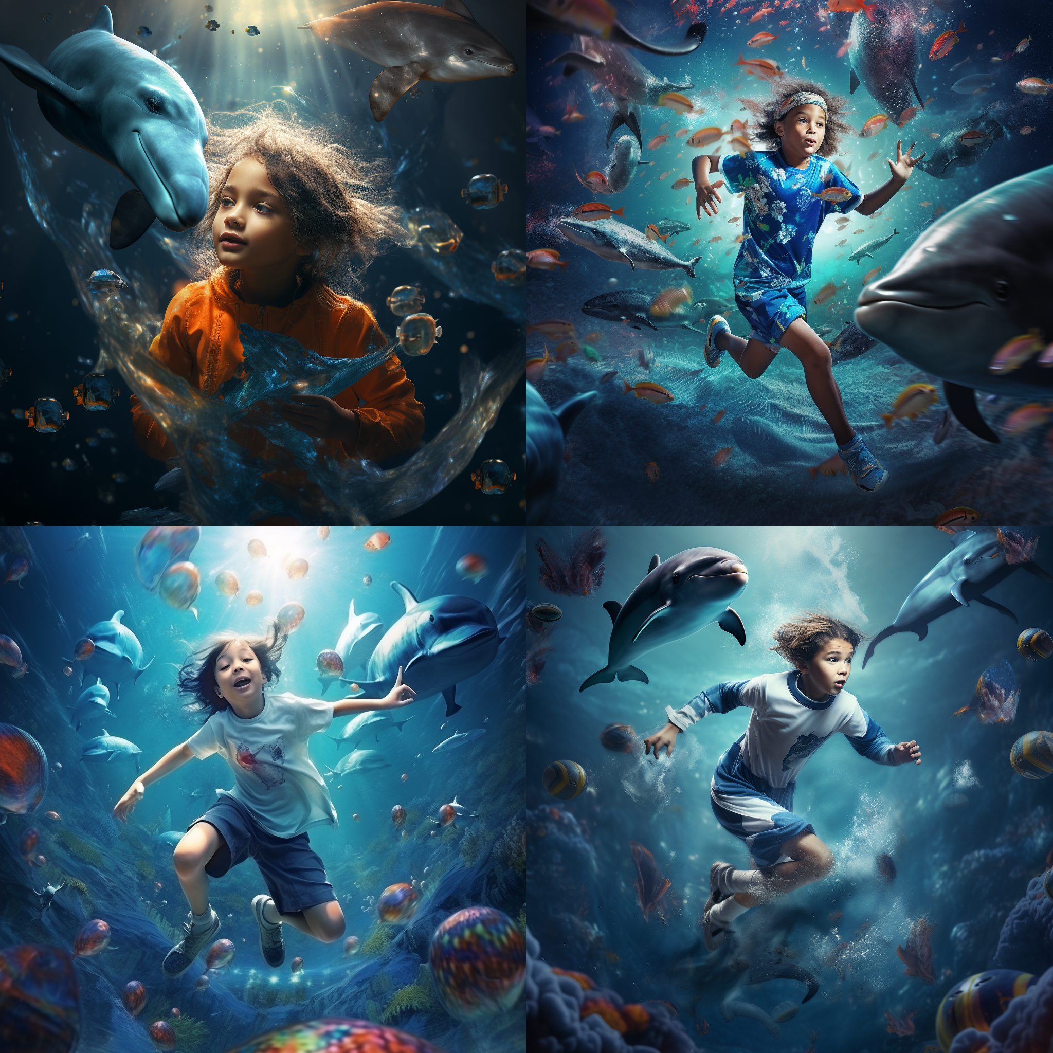 儿童在梦幻般的海豚世界里穿着阿迪达斯，水下环境，鱼眼镜头，色彩鲜艳，柔和光线，跳跃动作，欢乐，活力，奇幻。
